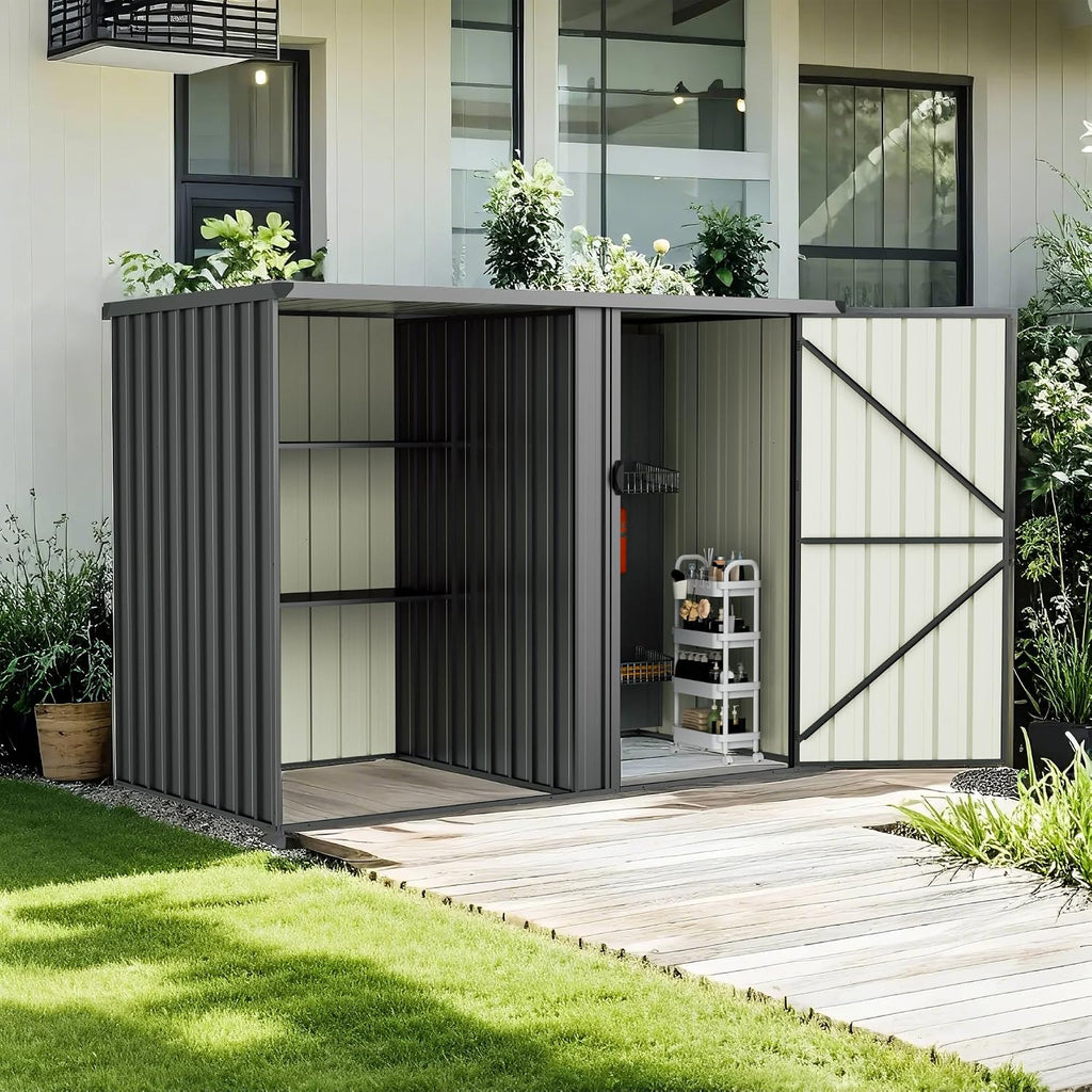Durable 8×4 FT Metal Outdoor Storage Shed with Shelves, Waterproof & Lockable Garden Tool Shed, Small Backyard Patio Storage Shed for Lawn Mower, Dark Gray (No Floor)