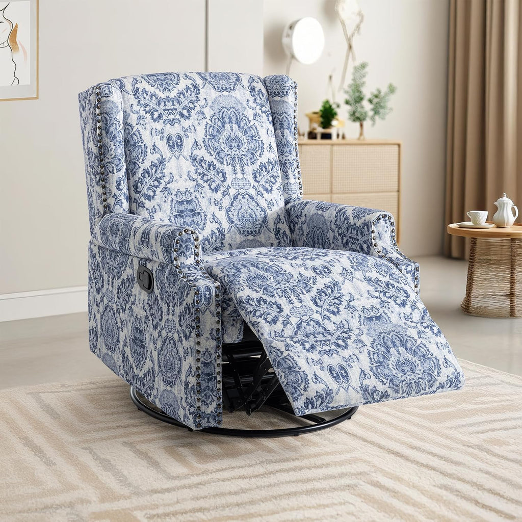Lumibee Swivel Rocker Recliner Chairs, Printed Fabric Swivel Glider Rocking Chair with High Back, Upholstered Deep Seat Wingback Recliner Chair for Living Room Bedroom, Navy