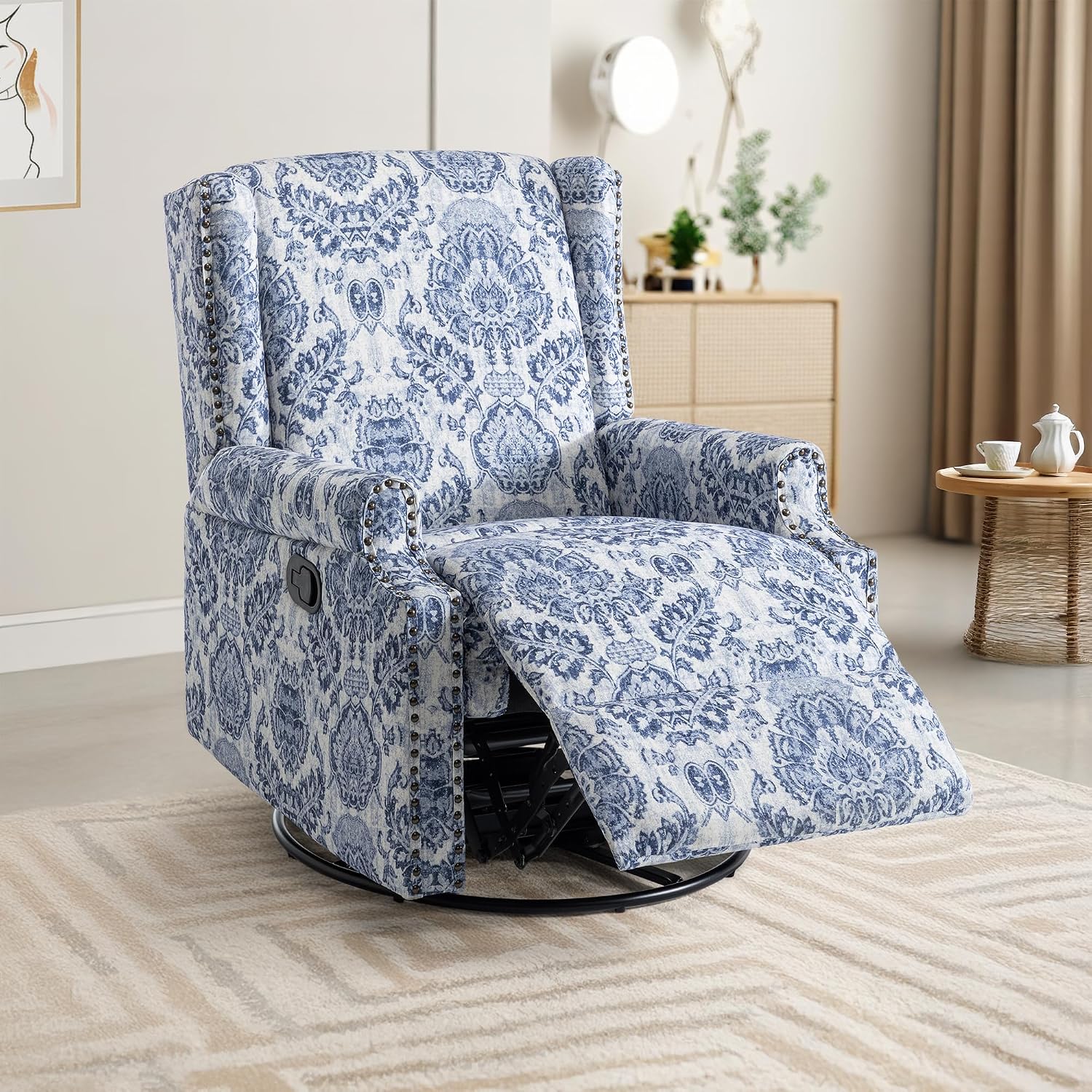 Lumibee Swivel Rocker Recliner Chairs, Printed Fabric Swivel Glider Rocking Chair with High Back, Upholstered Deep Seat Wingback Recliner Chair for Living Room Bedroom, Navy