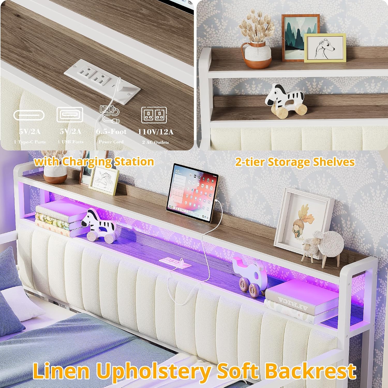 ANCTOR Daybed with Trundle, LED Lights and Charging Station, Full Size Daybed with 2-Tier Storage Shelves and Upholstered Headboard, Metal Sofa Bed Frame for Living Room, Bedroom, White
