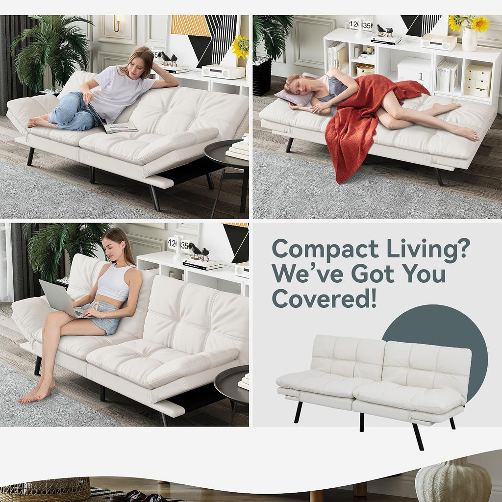 Futon Sofa Bed Convertible Couch, White Faux Leather Sofa Bed with Memory Foam, Adjustable Backrest & Armrests, Multifunctional Small Loveseat Sleeper Sofa for Living Room, Apartment, Office