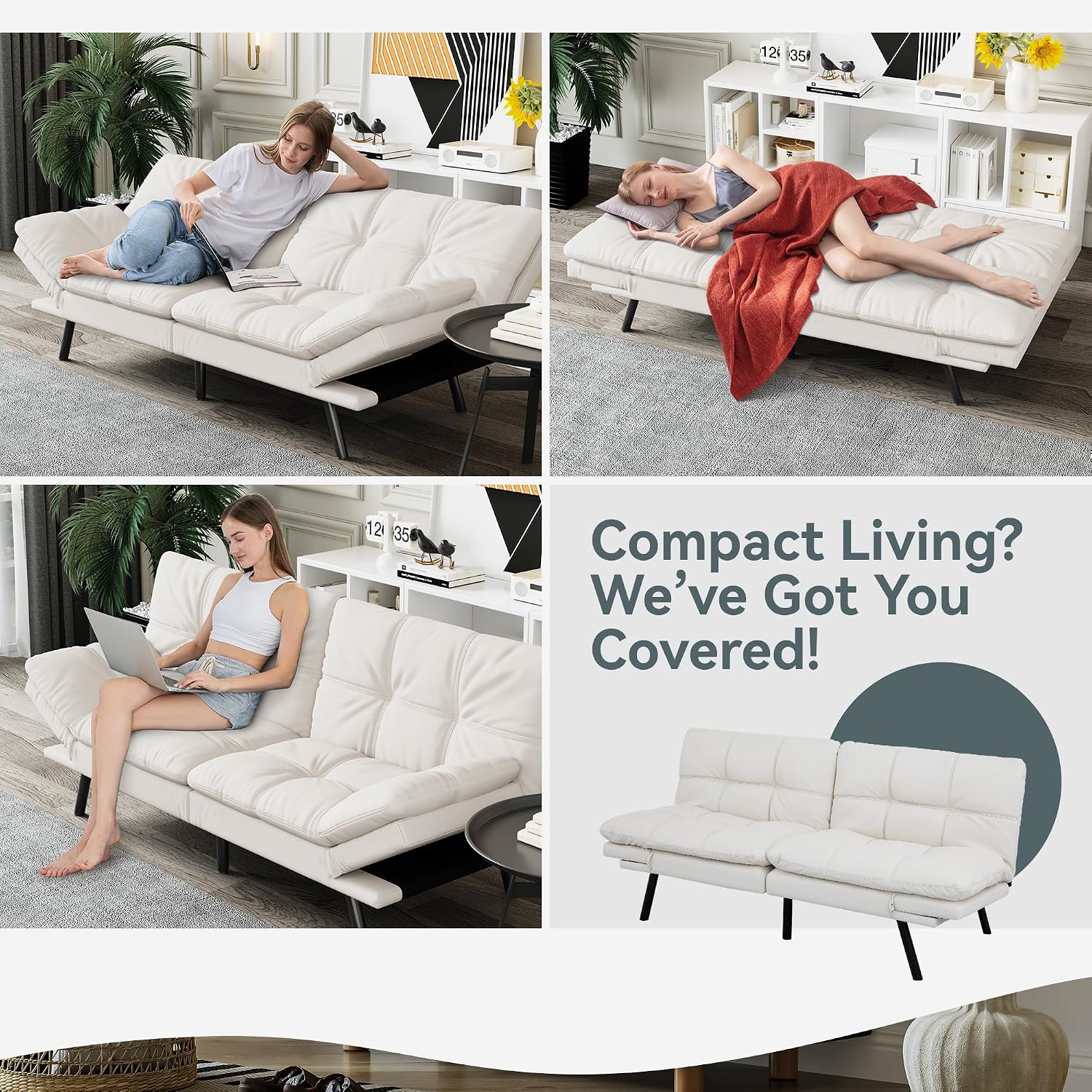 Futon Sofa Bed Convertible Couch, White Faux Leather Sofa Bed with Memory Foam, Adjustable Backrest & Armrests, Multifunctional Small Loveseat Sleeper Sofa for Living Room, Apartment, Office