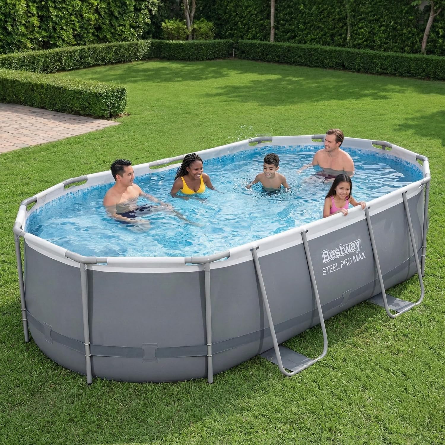Bestway Steel Pro MAX 16' x 10' x 42' Above Ground Pool, Oval Metal Frame Outdoor Swimming Pool Set with Filter Pump, Ladder, and Cover, Gray