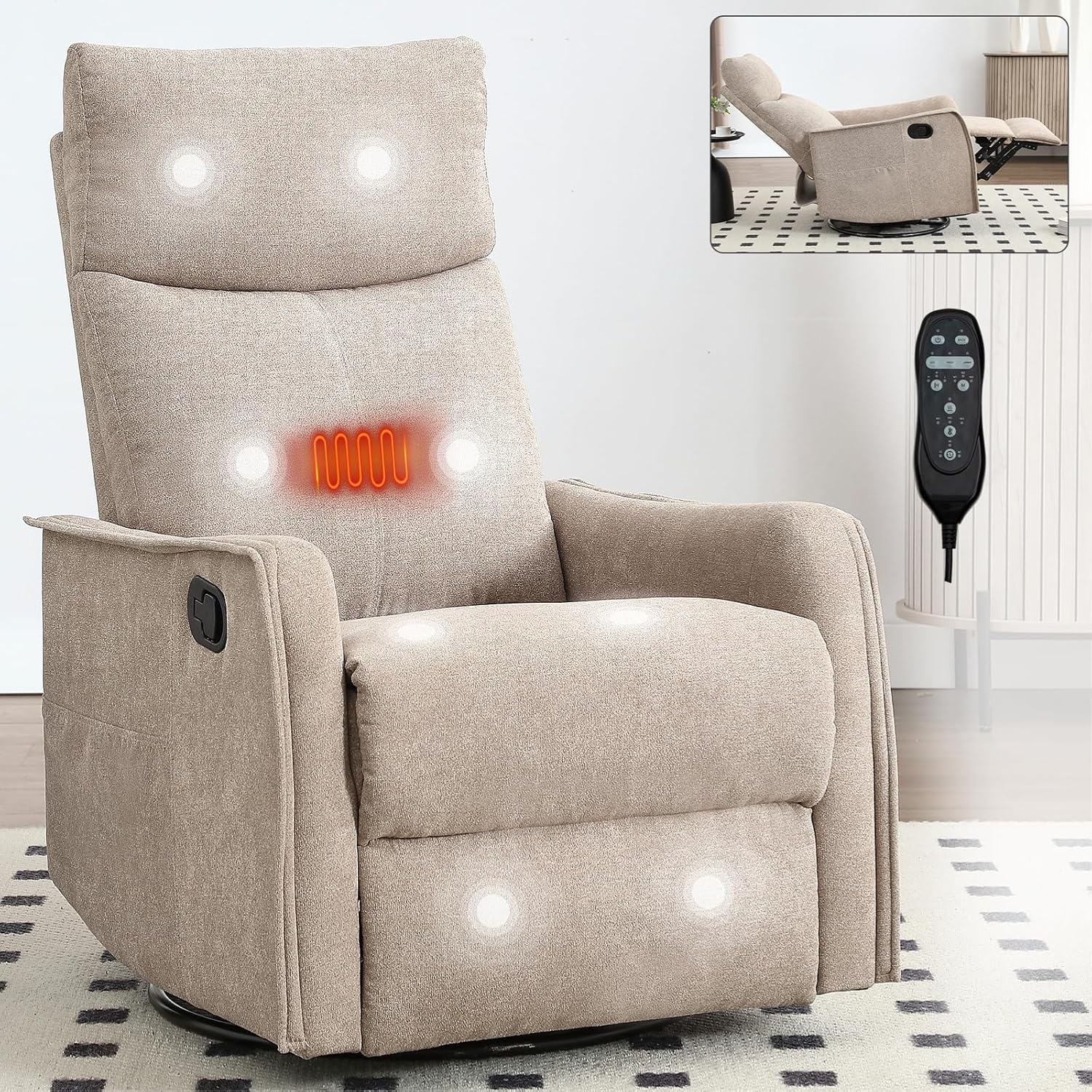 Massage Chair Recliner with Heat, 360° Swivel Glider Rocker with Reclining Backrest and Footrest, Manual Lazy Boy Recliners for Adults, Modern Nursery Rocking Chairs (Khkai)