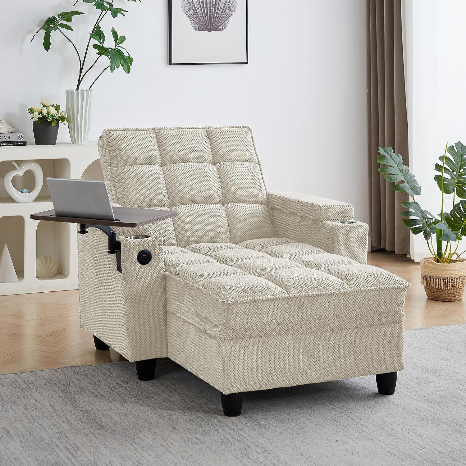 41.7' Chaise Lounge Chair Indoor, Oversized Boucle Upholstered Sofa Bed, Adjustable Backrest Deep Seat Reading Chair, Sofas Couches for Living Room with Storage, Cup Holders & 360° Swivel Side Table