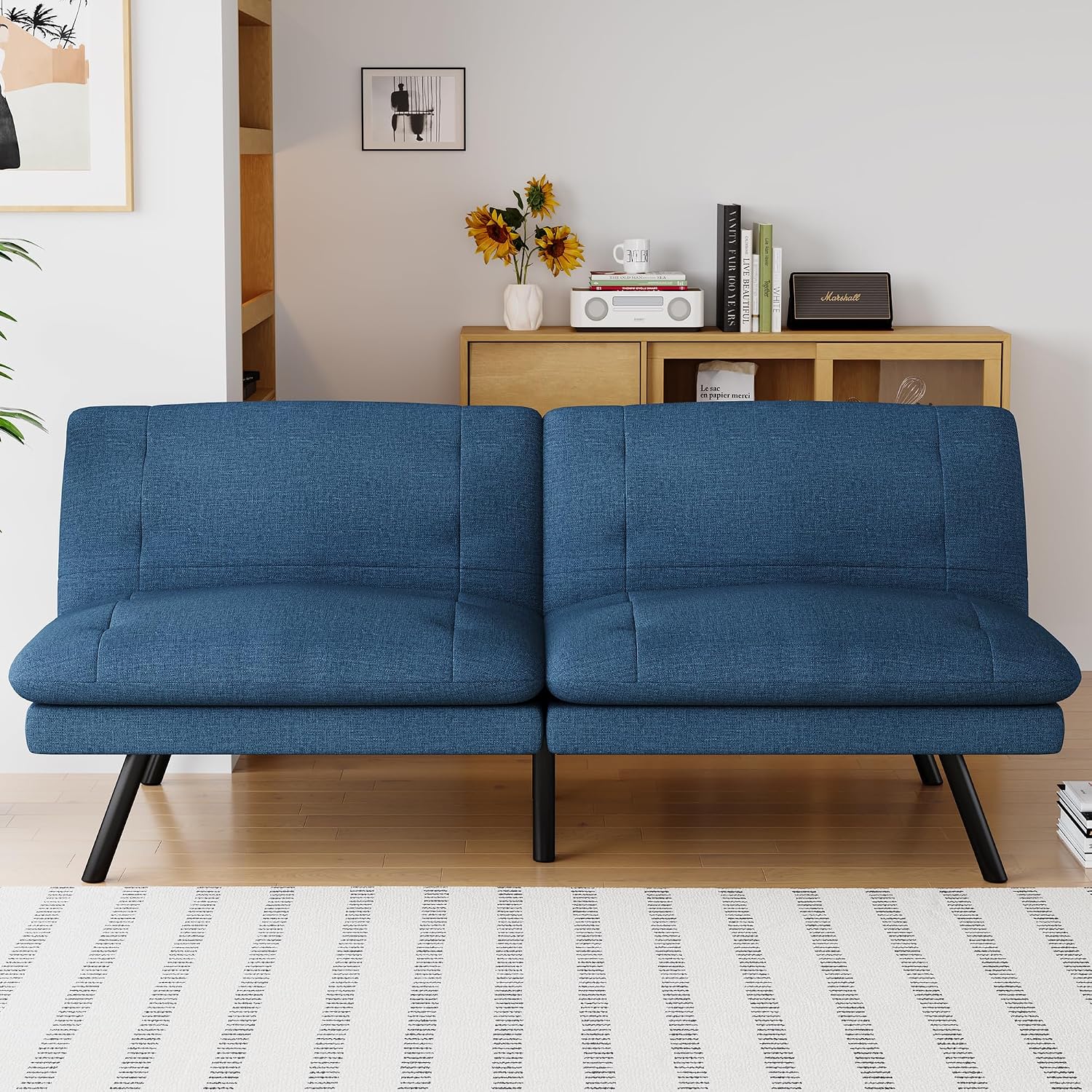 Futon Sofa Bed Convertible Couch, Blue Linen Sofa Bed with Adjustable Backrest, Multifunctional Small Loveseat Sleeper Sofa for Living Room, Apartment, Office