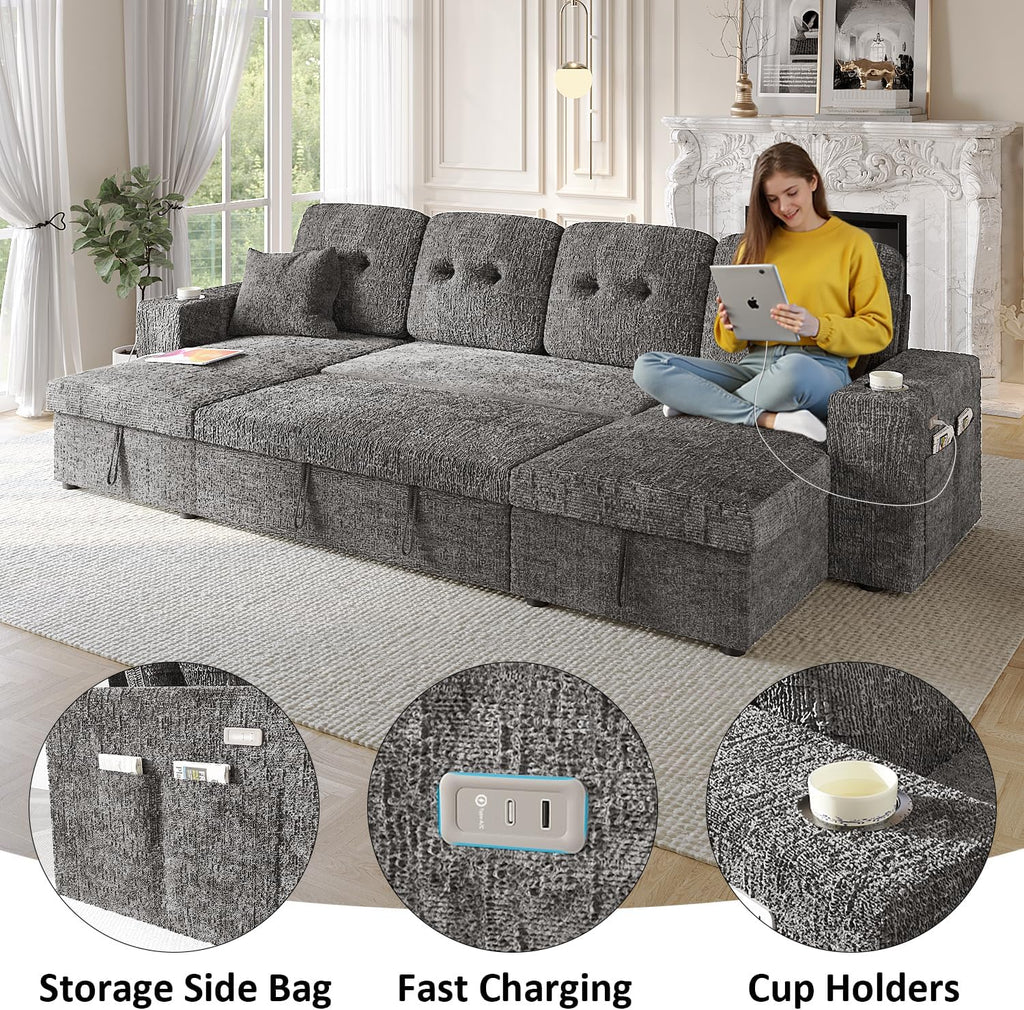 117' Sleeper Sofa Bed, U-Shaped Sofa with Dual Reversible Storage Chaise | Adjustable Backrest | Wide Armrest, Sectional Couches for Living Room, 4 in 1 Pull Out Couch Bed, Grey Chenille
