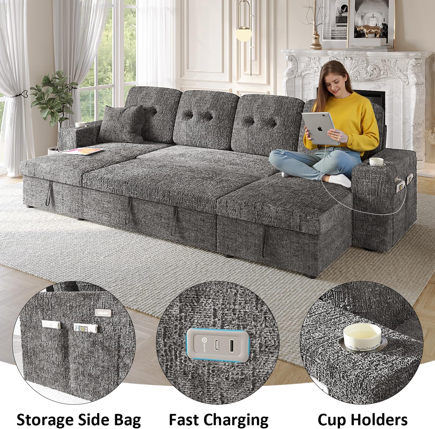 117' Sleeper Sofa Bed, U-Shaped Sofa with Dual Reversible Storage Chaise | Adjustable Backrest | Wide Armrest, Sectional Couches for Living Room, 4 in 1 Pull Out Couch Bed, Grey Chenille
