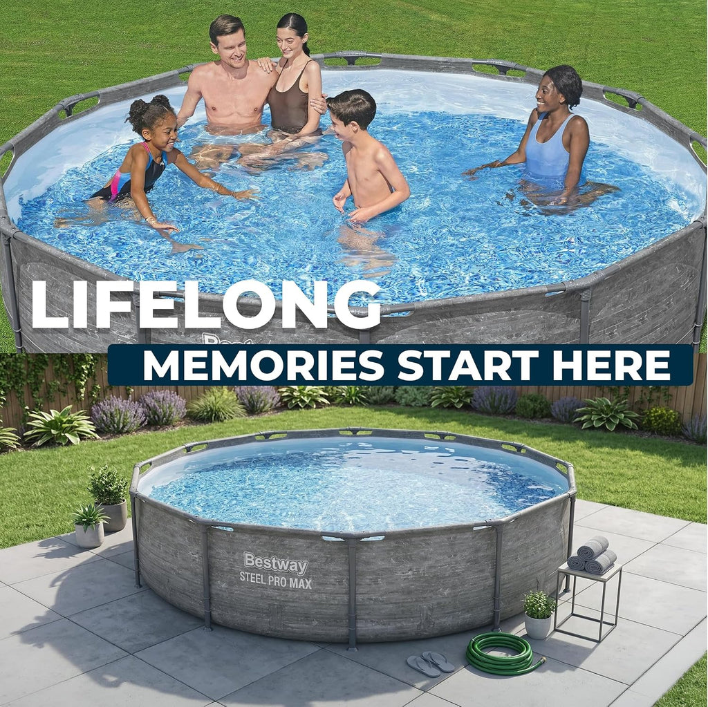 Bestway Steel Pro MAX 12' x 30' Above Ground Pool, Round Metal Frame Outdoor Swimming Pool Set with Filter Pump, Stacked Stone Print