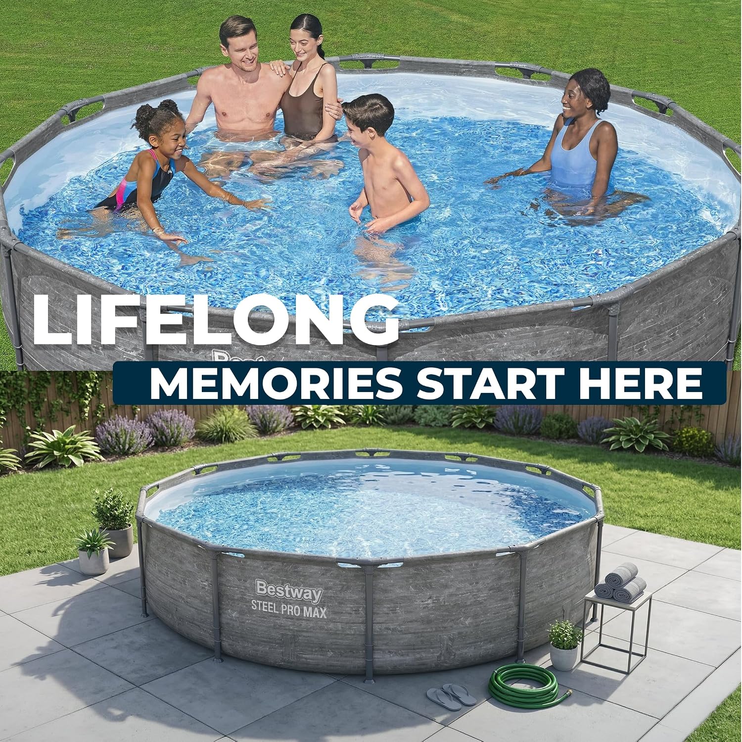 Bestway Steel Pro MAX 12' x 30' Above Ground Pool, Round Metal Frame Outdoor Swimming Pool Set with Filter Pump, Stacked Stone Print