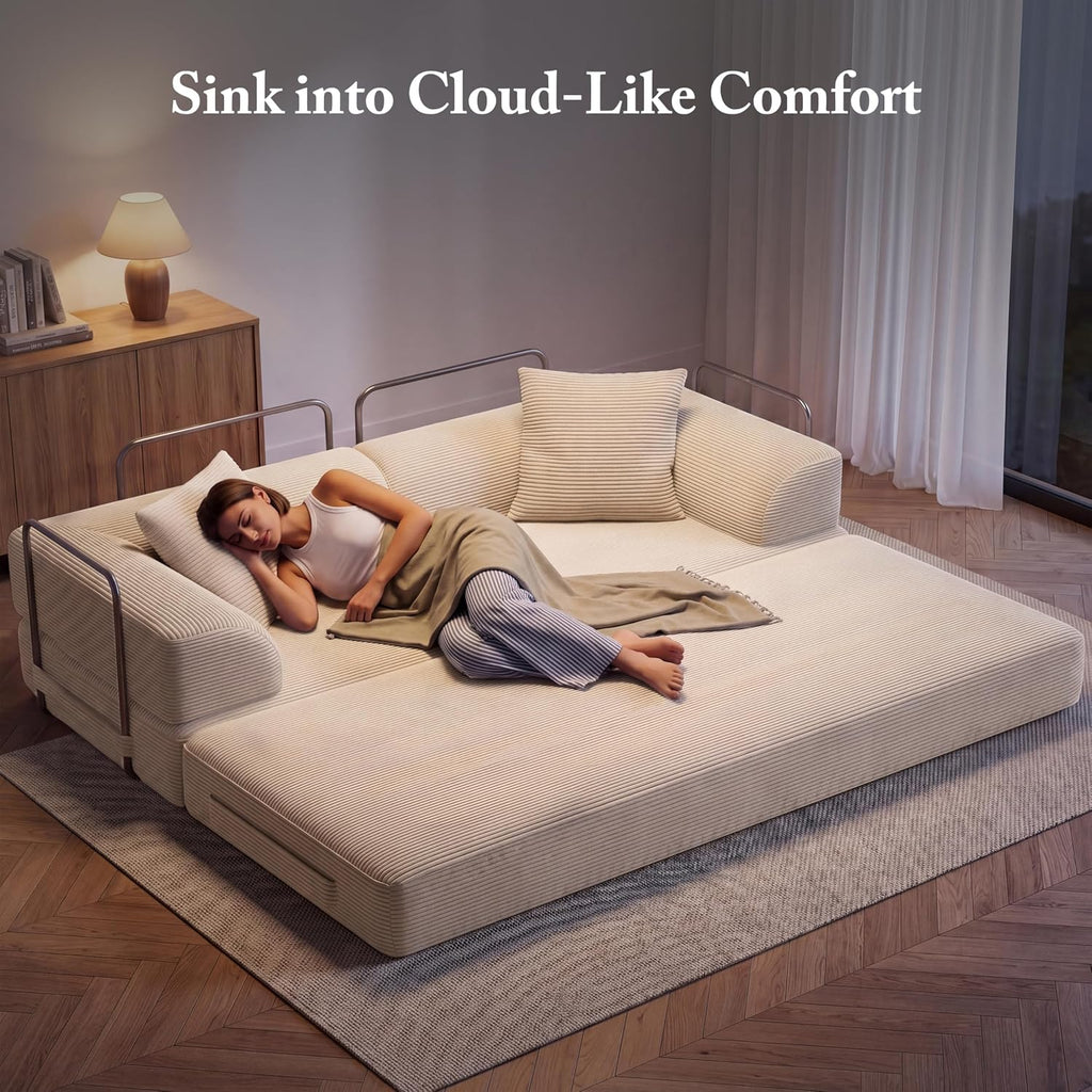 Cloud Boneless Convertible Floor Sofa Bed, 70' 5-in-1 Foldable Compressed Loveseat Lounge Sleeper 2 Seater Couches, High-Density Sponge & Corduroy Fabric Futon Daybed for Living Room Bedroom(Beige)