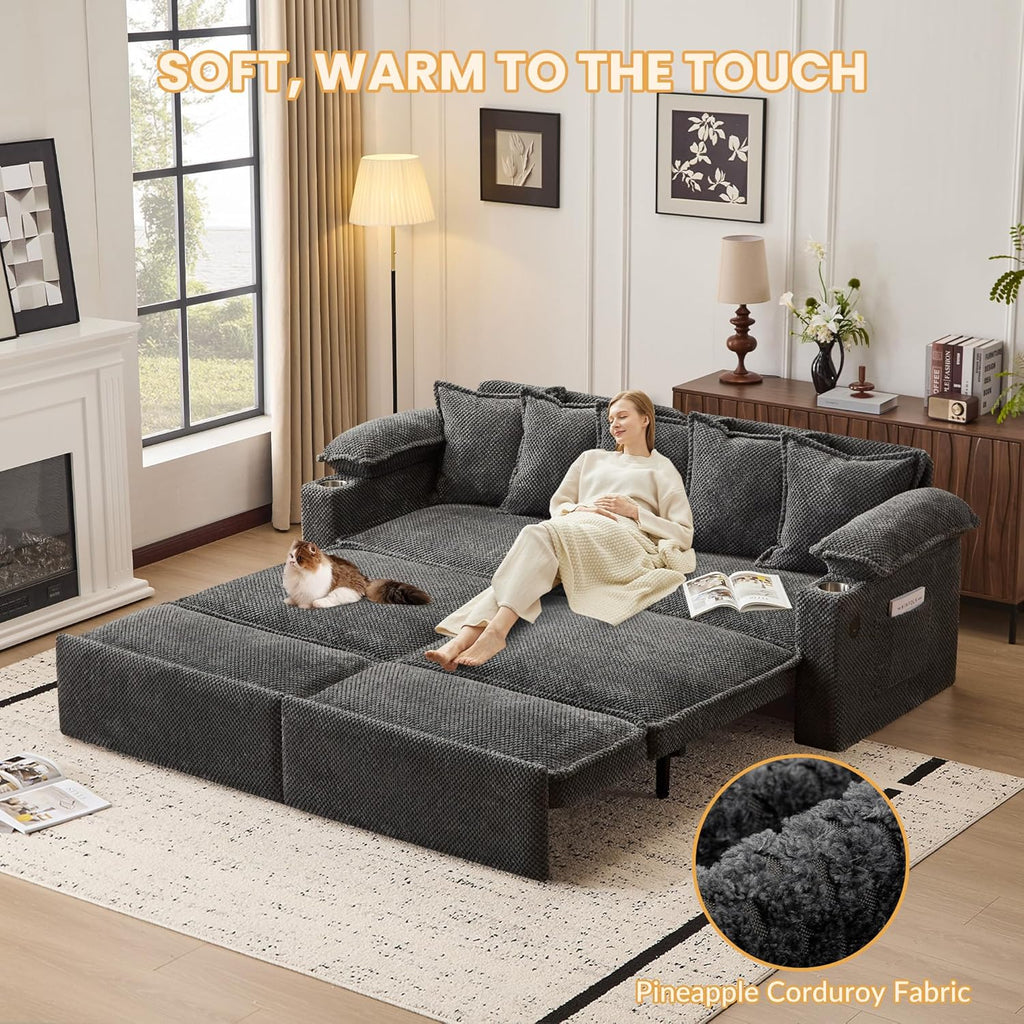 SUNWAVE 83' King Size Pull Out Sofa Bed, 4-in-1 Convertible Sleeper Sofa Bed with USB Ports, Cup Holders, Side Pockets, Corduroy Pull Out Couch Loveseat Chaise for Living Room, Small Space (Gray)