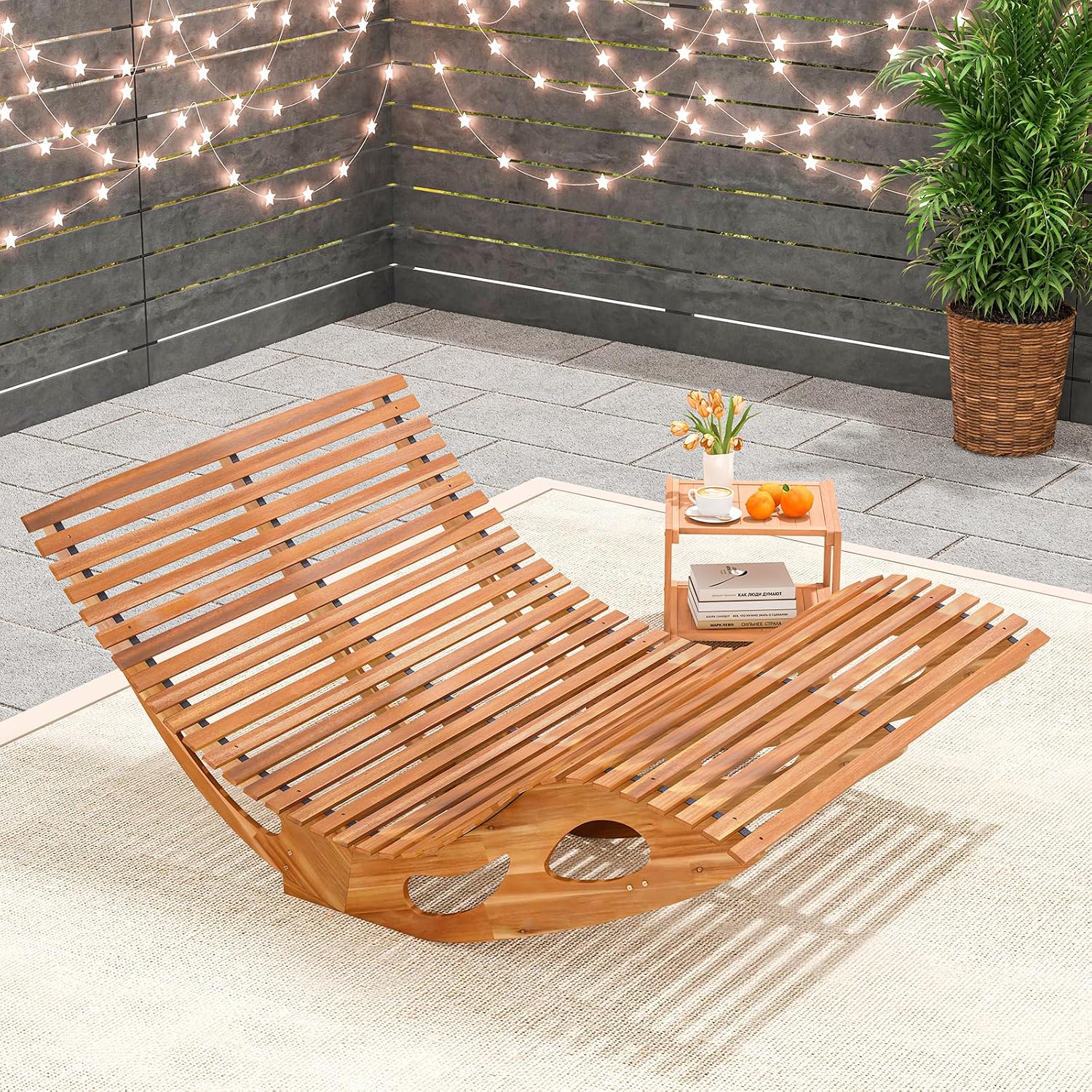 RELAX4LIFE Rocking Double Chaise Lounge, Acacia Wood Sun Bed Lounger w/Slatted Seat, Bottom Stopper, Indoor Outdoor Loveseat Rocker for Pool Patio, 440LBS Capacity, Wooden Rocking Lounge Chair (1)