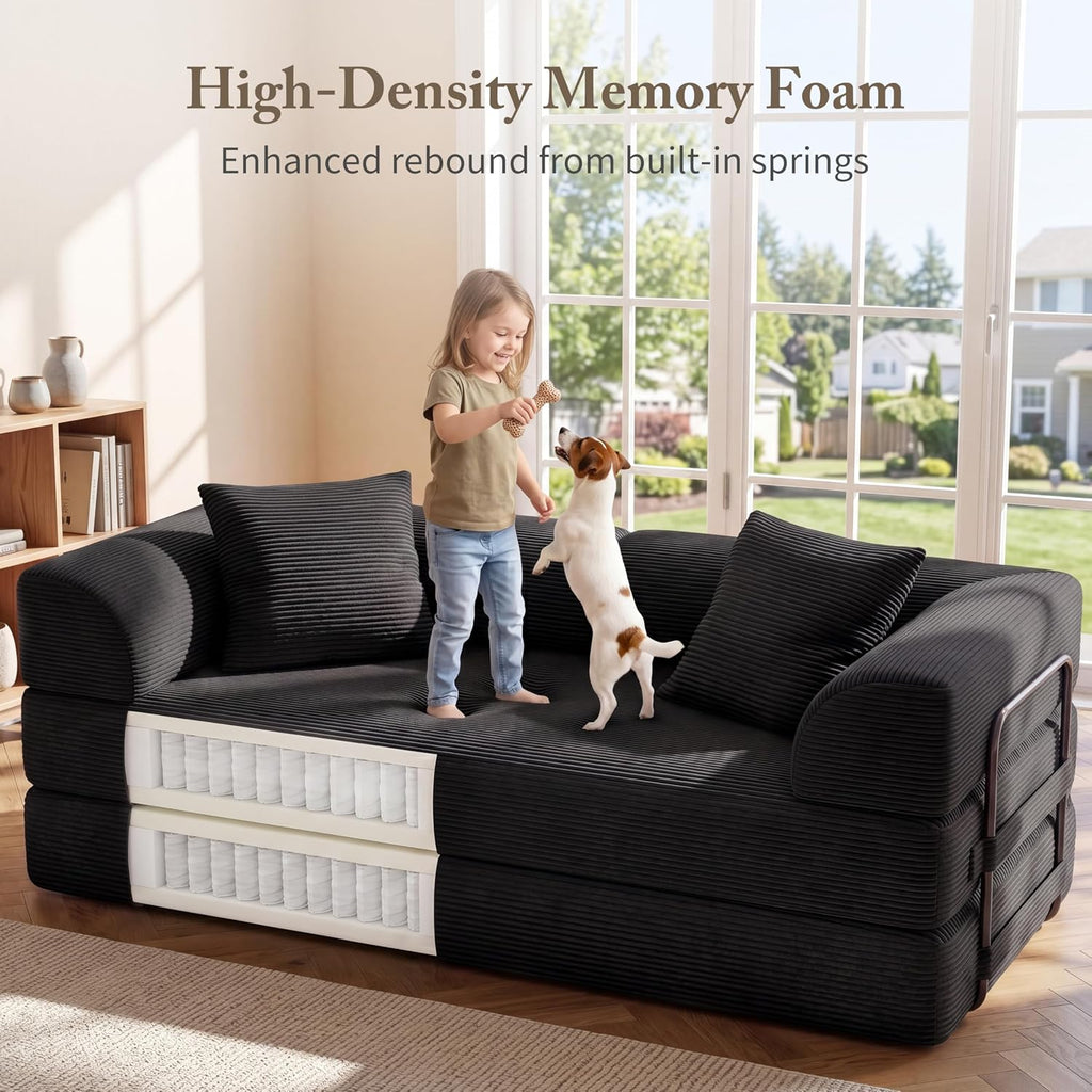 Cloud Boneless Convertible Sofa Bed, 5-in-1 Foldable Compressed High-Density Sponge Sofa, 70' Corduroy Fabric 2 Seater Sleeper Couch Futon Daybed for Living Room Bedroom (Black)