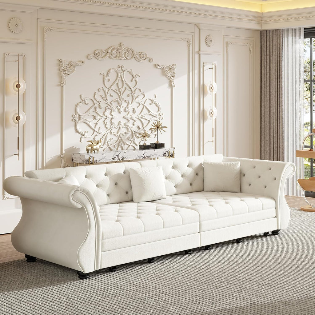 97.6' Oversized Pull Out Sofa Bed, Chesterfield Velvet Sleeper Sofa Couch with Roll Arm & Flower Tufting, Heavy Duty Metal Frame Convertible Sofa for Living Room, Apartment, Guest Room, Beige | Pull Out, Roll Arm, Flower Tufting, Convertible