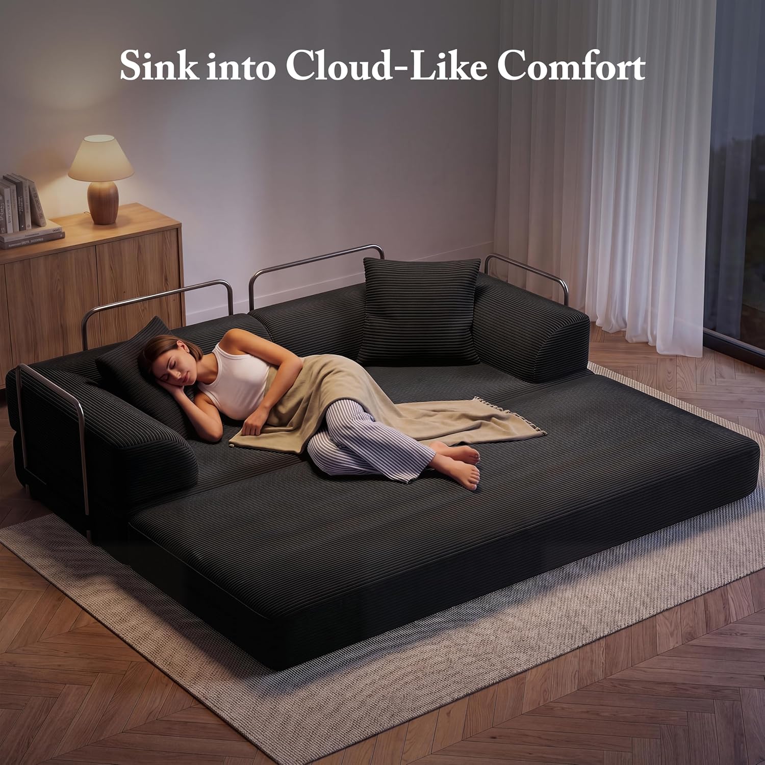 Cloud Boneless Convertible Sofa Bed, 5-in-1 Foldable Compressed High-Density Sponge Sofa, 70' Corduroy Fabric 2 Seater Sleeper Couch Futon Daybed for Living Room Bedroom (Black)