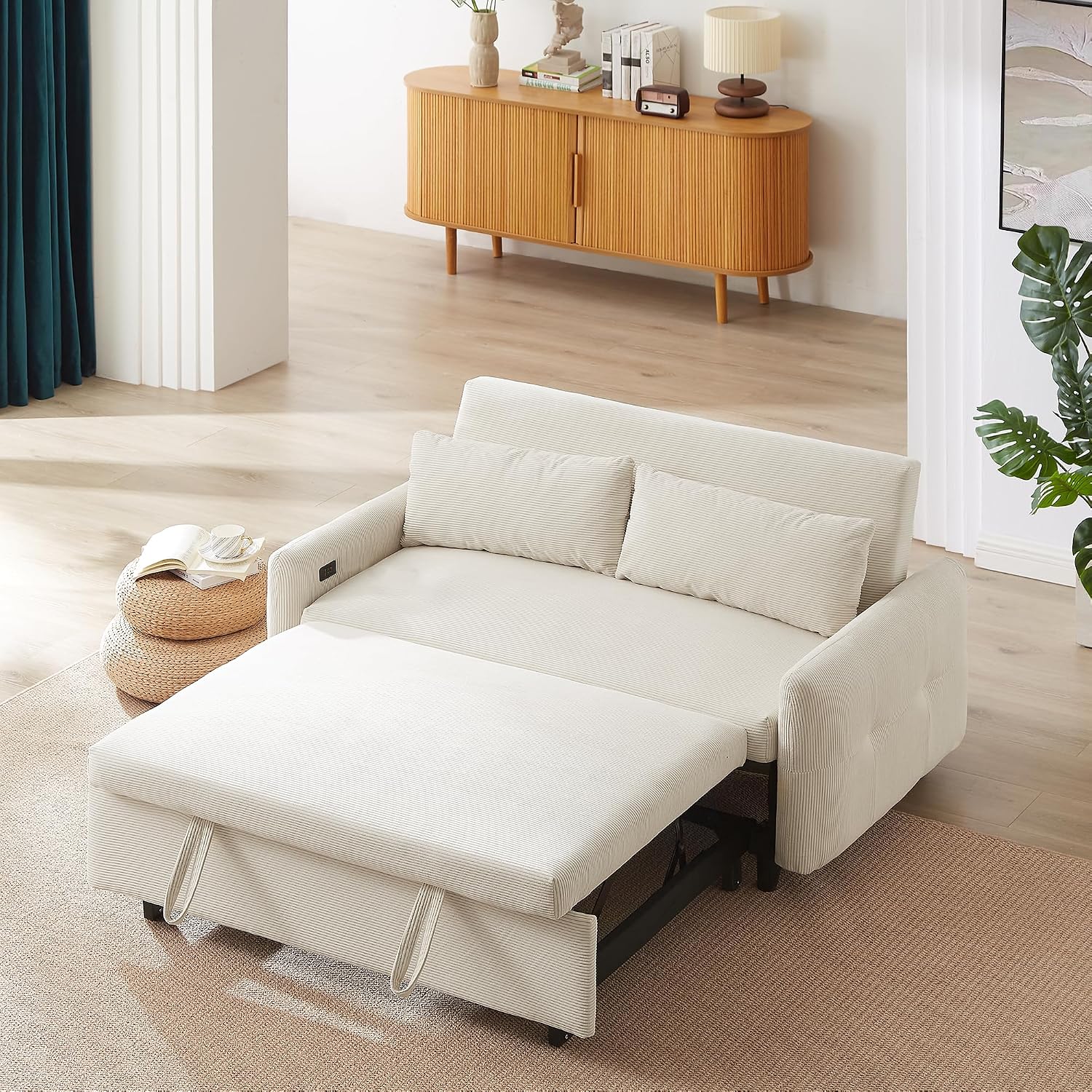 Merax Pull-Out Sofa Bed Convertible Couch 2 Seat Loveseat Sofa Modern Sleeper Sofa with Two Throw Pillows and USB Ports for Living Room, Beige