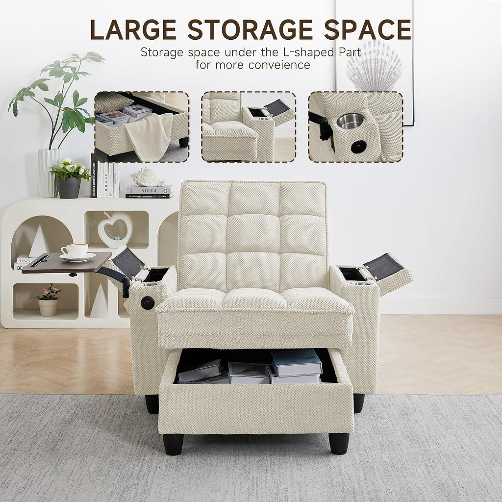 oaaktu Single Modern Comfy Upholstered Chaise Lounge Sofa Chair with Rotating Side Table,Storage,Pillow,USB Charging Ports and Adjustable Backrest Perfect for Living Room, Small Spaces (Beige)