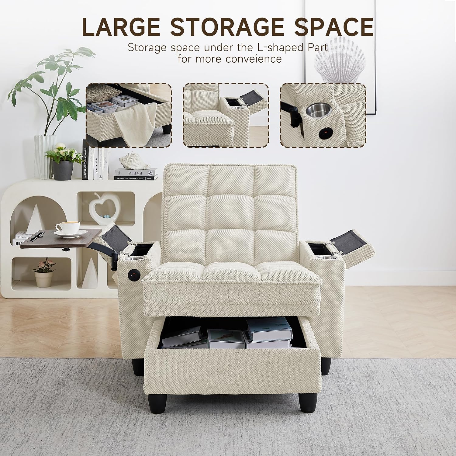 oaaktu Single Modern Comfy Upholstered Chaise Lounge Sofa Chair with Rotating Side Table,Storage,Pillow,USB Charging Ports and Adjustable Backrest Perfect for Living Room, Small Spaces (Beige)