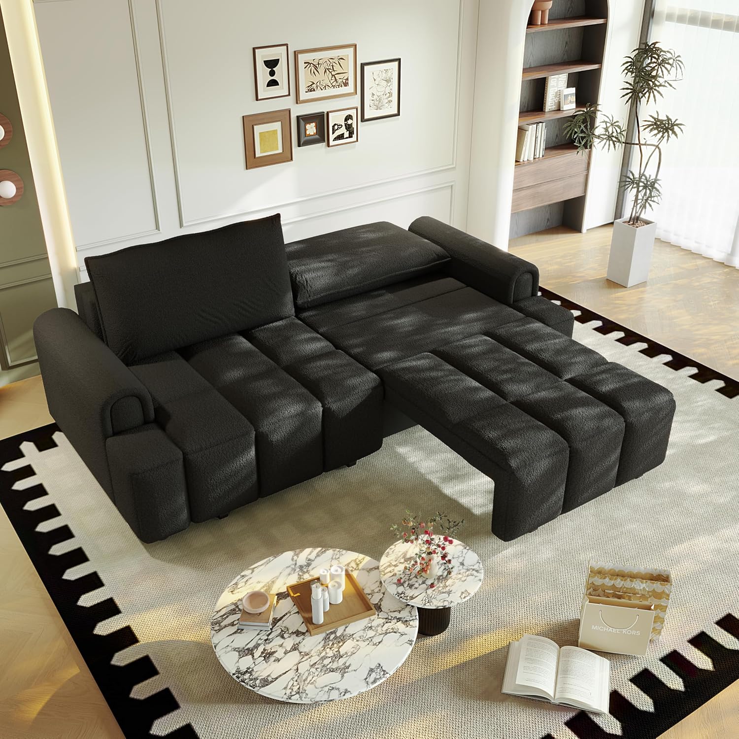 KEIKI 90.2' Modern 3-in-1 Sleeper Sofa Bed – Teddy Fabric 4-Seater Couch with Storage, King Size Convertible Sofa for Office, Guest Room, Home Workspace, Reclining Sofa Bed with Casters