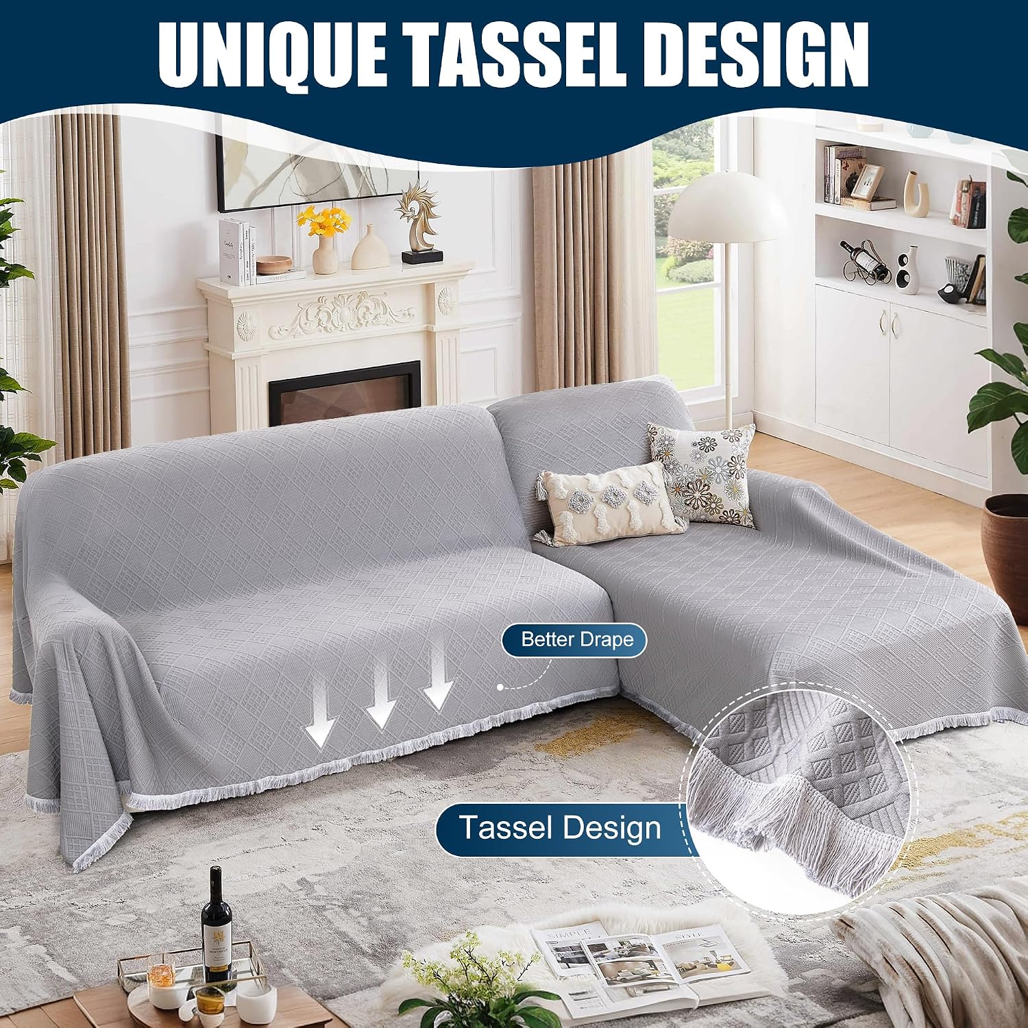 Waterproof L Shaped Sectional Couch Covers Blanket 2 Piece Sectional Sofa Cover Washable L Shape Sofa Slipcover Jacquard Quilted Furniture Protector for Dogs Pets Cats (X-Large, Ash Gray)