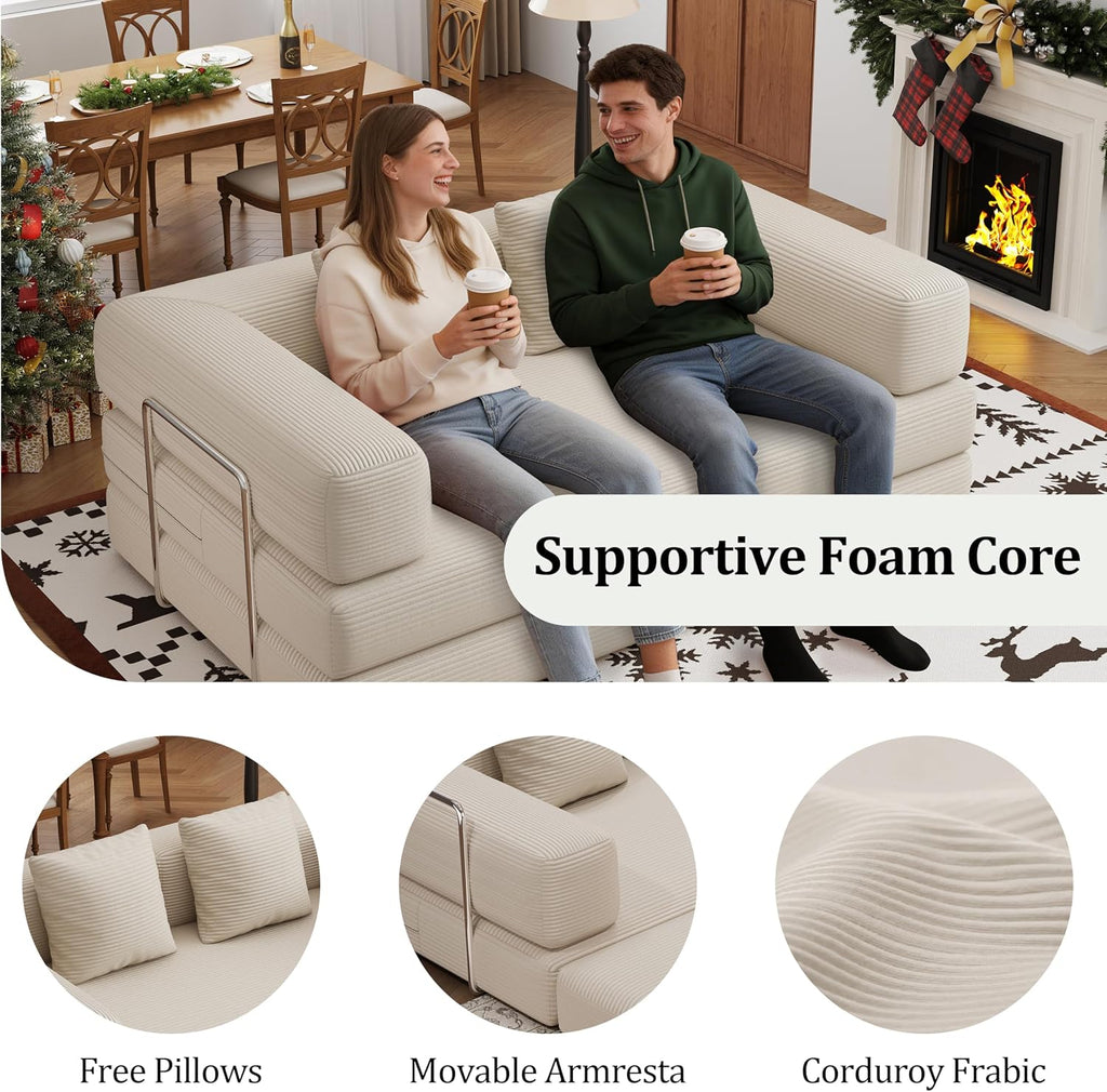 4-in-1 Foldable Sofa Bed Teddy Fabric Foam-Filled Compressed Couch, Beds Queen Size Convertible Sofa Couch Loveseat , Boneless Folding Sleeper for Living Room, Guest Bed, Playroom (Beige, 59' 2 Seat)