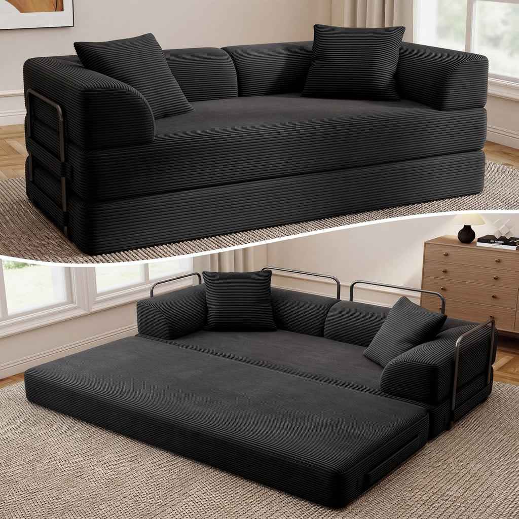 Cloud Boneless Convertible Sofa Bed, 5-in-1 Foldable Compressed High-Density Sponge Sofa, 70' Corduroy Fabric 2 Seater Sleeper Couch Futon Daybed for Living Room Bedroom (Black)