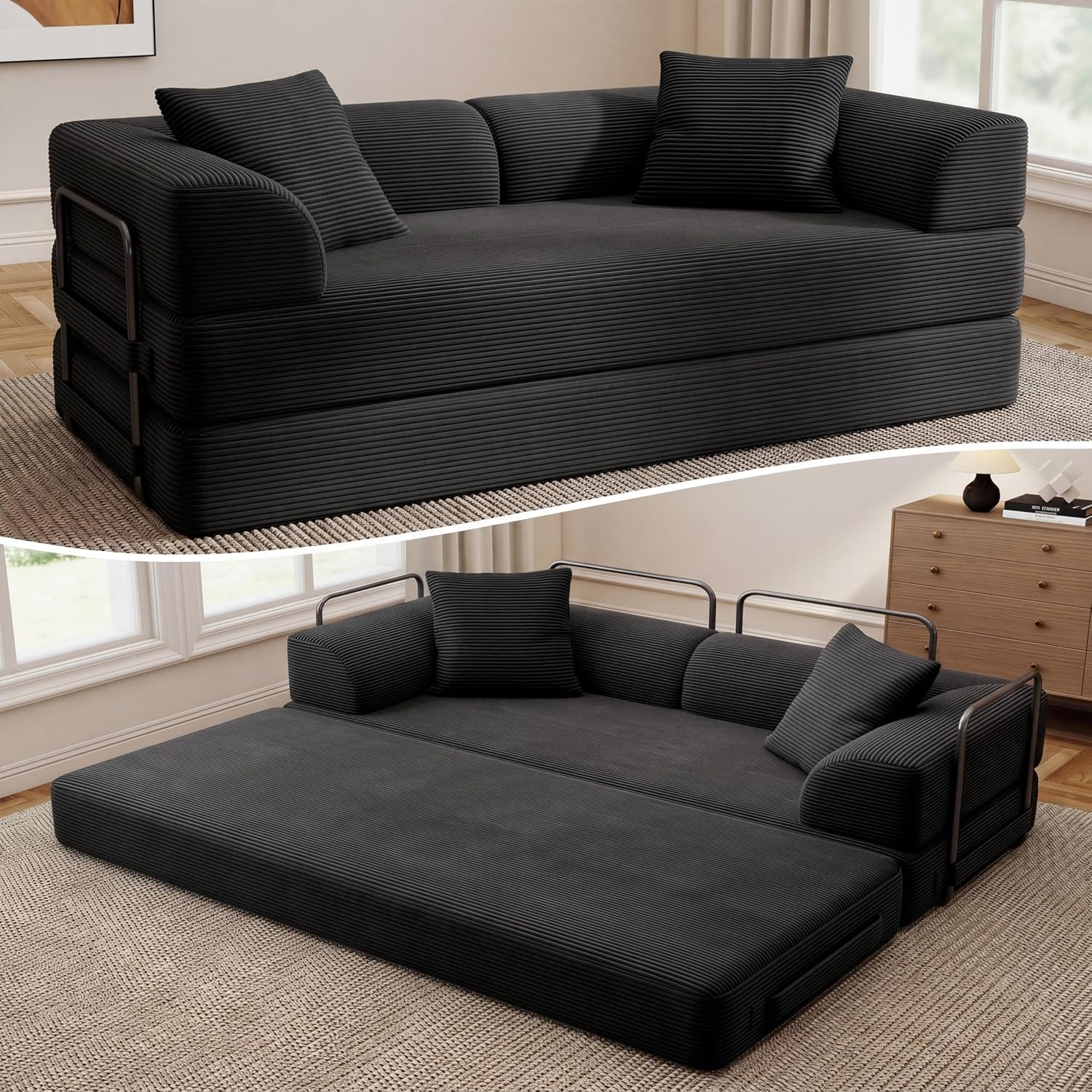 Cloud Boneless Convertible Sofa Bed, 5-in-1 Foldable Compressed High-Density Sponge Sofa, 70' Corduroy Fabric 2 Seater Sleeper Couch Futon Daybed for Living Room Bedroom (Black)