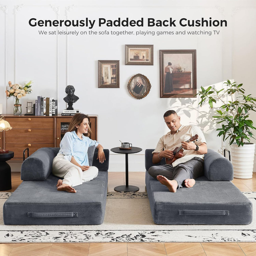 79' 5-in-1 Convertible Sleeper Sofa, No Assembly Fixed Frame Corduroy Couch, High-Density Foam Fold Out Bed for Small Spaces, Living Room, Dorm (Dark Gray)