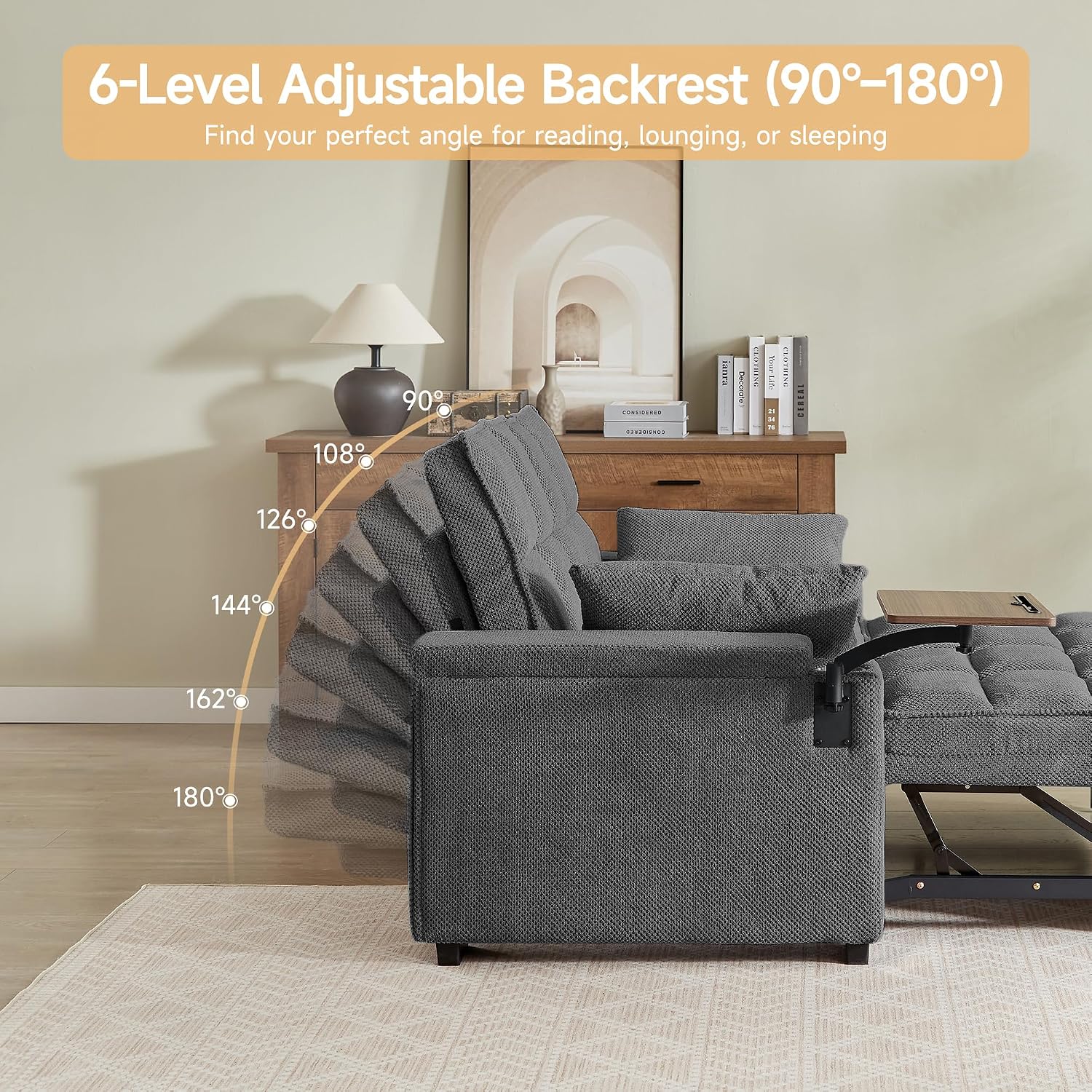 Auvsoce 65'' Chaise Lounge Chair Indoor, 3-in-1 Convertible Sofa Bed with Pull-Out Design, 360° Swivel Side Table, Modern Granular Velvet Couch Bed for Living Room, Small Space & Apartment-Friendly