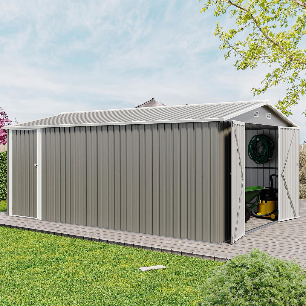 10 x14 FT Outdoor Storage Shed, Extra Large Metal Garden Shed with Waterproof Roof and 3 Lockable Doors, All-Weather Utility Tool Shed Storage House for Backyard, Patio, Lawn (Light Gray)