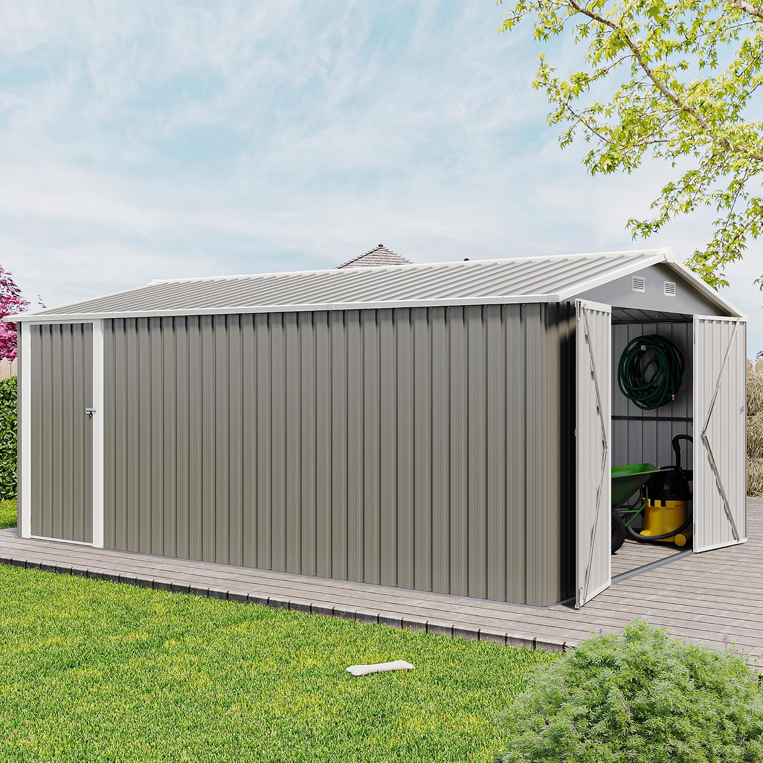 10 x14 FT Outdoor Storage Shed, Extra Large Metal Garden Shed with Waterproof Roof and 3 Lockable Doors, All-Weather Utility Tool Shed Storage House for Backyard, Patio, Lawn (Light Gray)