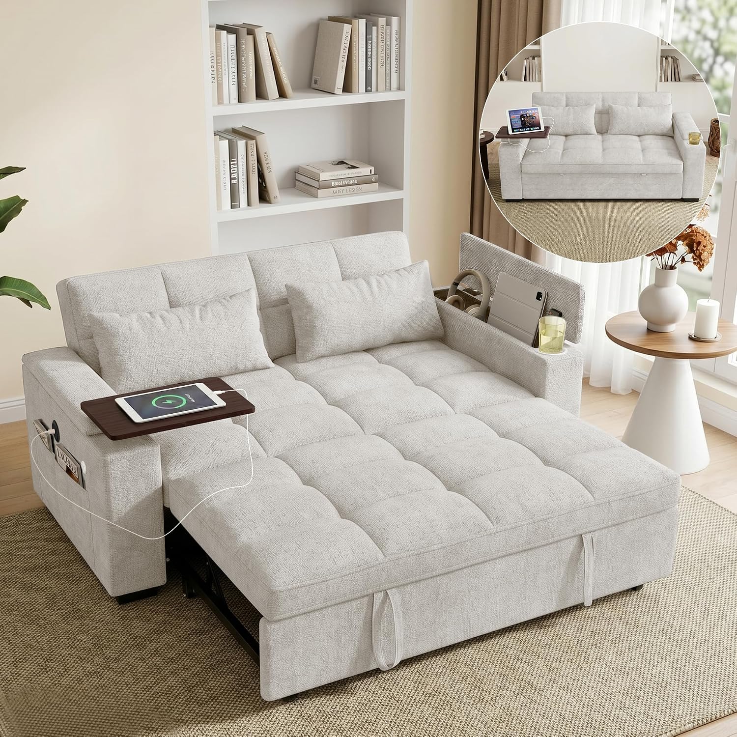 68'' Sleeper Sofa Bed, Pull Out Couch with 360° Swivel Side Table | USB Port | Adjustable Backrest | Cup Holder | Chenille Fabric Loveseat for Living Room, Apartment, Office (Beige)