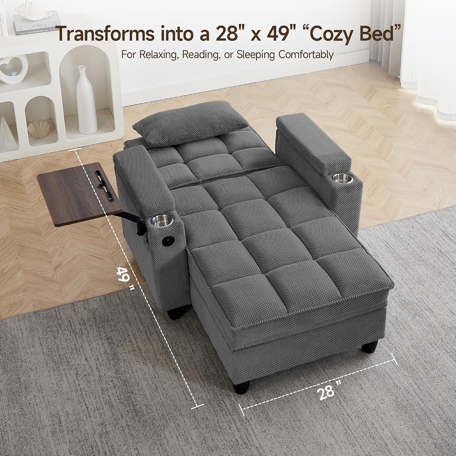 41.7' Chaise Lounge Chair Indoor, Oversized Boucle Upholstered Sofa Bed, Adjustable Backrest Deep Seat Reading Chair, Sofas Couches for Living Room with Storage, Cup Holders & 360° Swivel Side Table