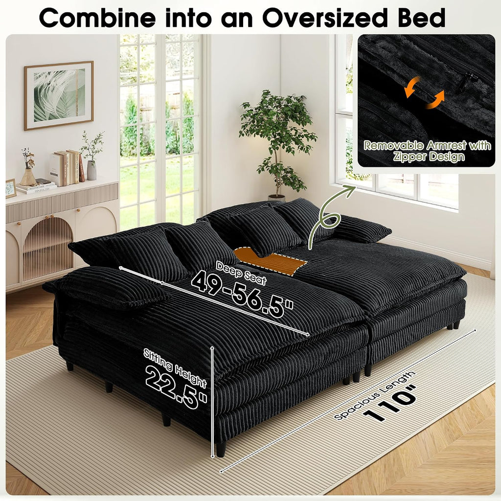 WESTSETLUX 54.8' W Oversized Chaise Lounge Chair Indoor with 5-Position Adjustable Backrest, Corduroy Sleeper Sofa Bed with 3 Pillows, Modern Cloud Couch Chair for Living Room, Bedroom, Black