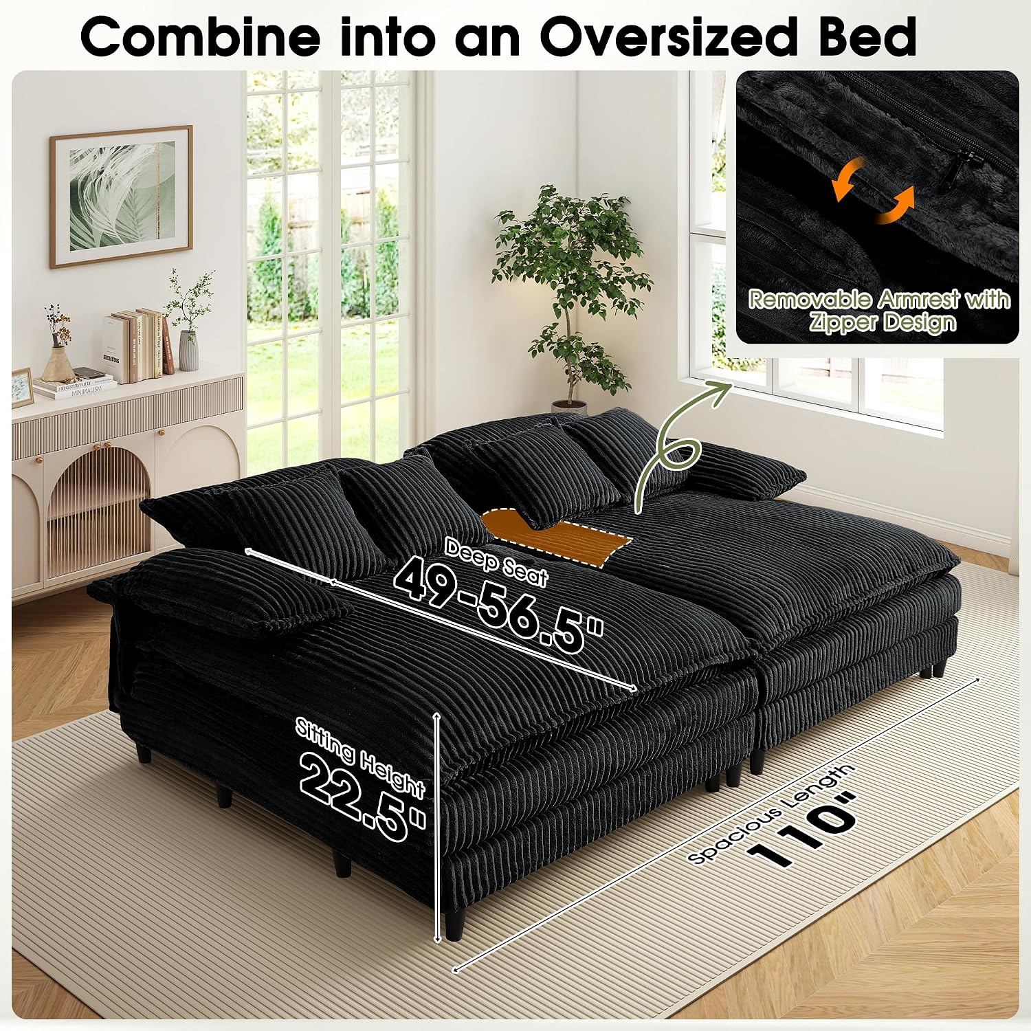 WESTSETLUX 54.8' W Oversized Chaise Lounge Chair Indoor with 5-Position Adjustable Backrest, Corduroy Sleeper Sofa Bed with 3 Pillows, Modern Cloud Couch Chair for Living Room, Bedroom, Black