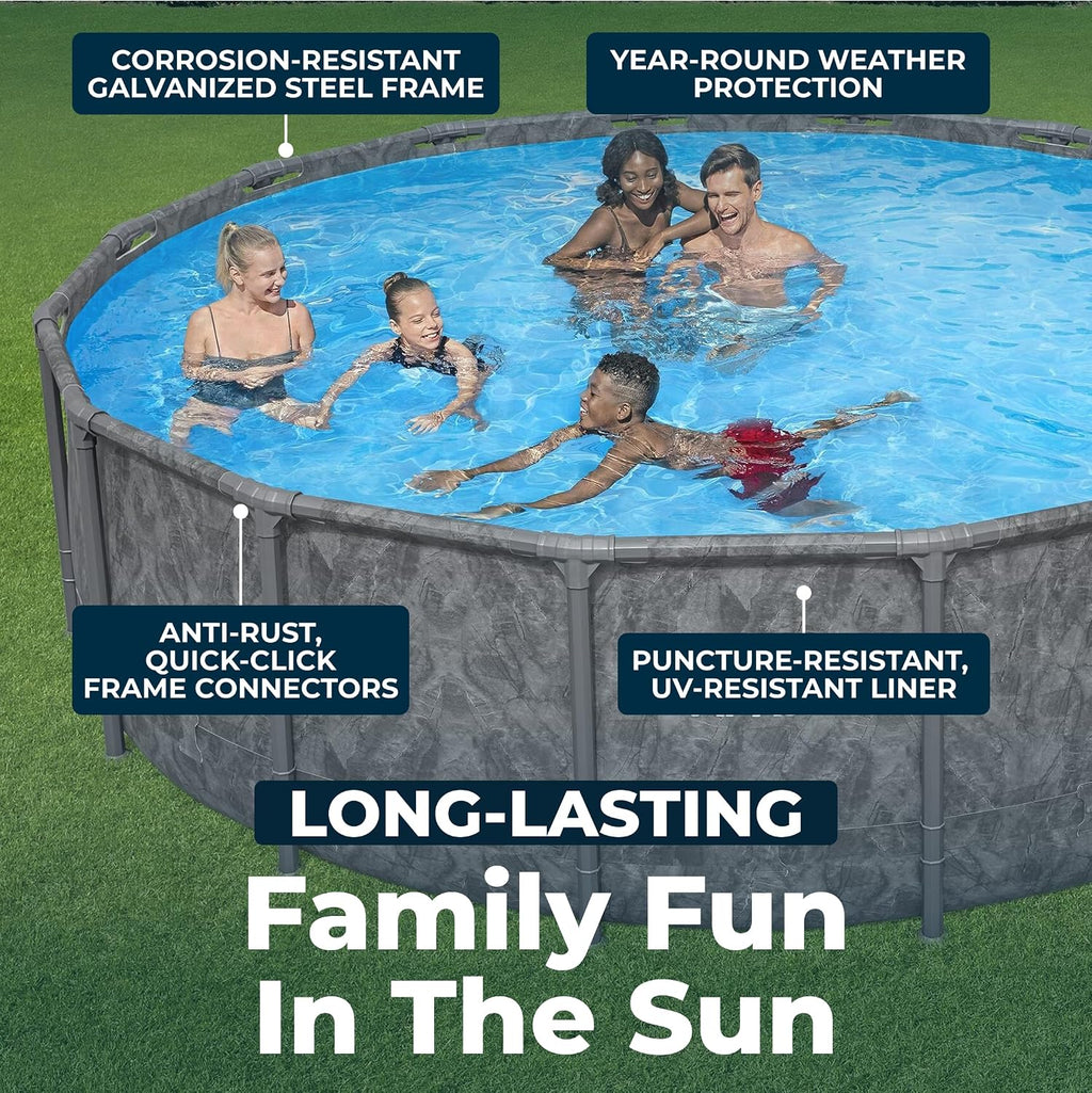 Bestway APX 365 16' x 48' Above Ground Pool, Round Metal Frame Outdoor Swimming Pool Set with Sand Filter Pump, Ladder, and Cover, Dark Marble