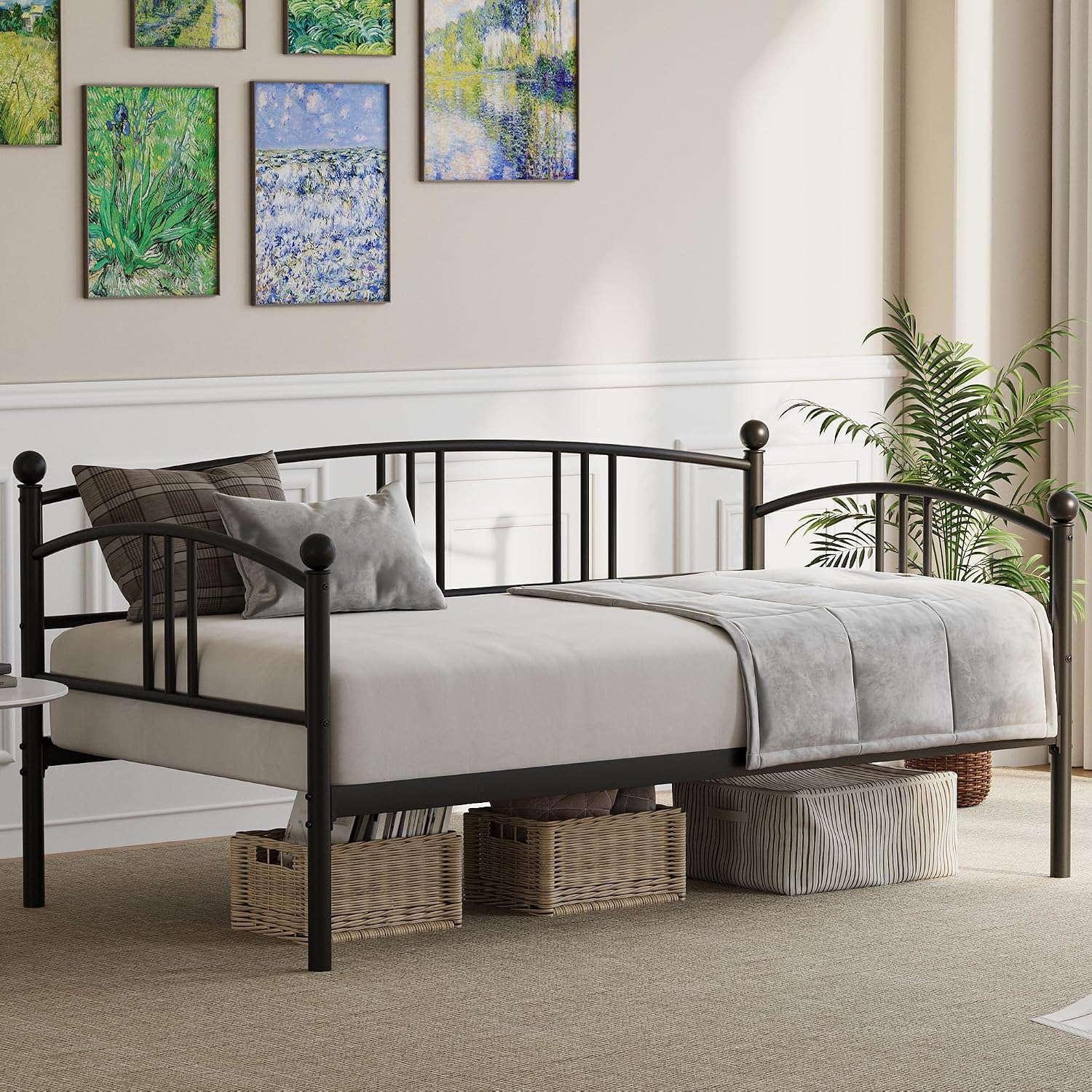 IDEALHOUSE Twin Daybed with Trundle, Metal Twin Size Daybed with Pullout Trundle 6 Casters, Steel Slat Support Sofa Bed for Living Room, Bedroom, Guest Room (Black)