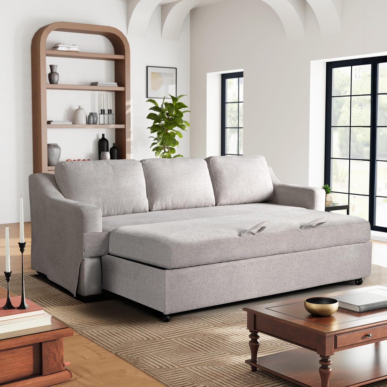 Serta® Hawthorne 90.6' Slipcovered Queen-Size Convertible Pop-up Sofa, Dreamcoil® Comfort, Woven Polyester Blend Fabric, Linen