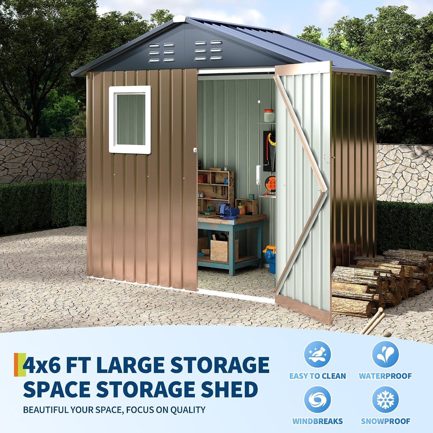 6x4 FT Metal Storage Shed with Window– Outdoor Utility Shed with Lockable Door & Air Vent, Garden/Yard Shed Kit for Backyard Patio Lawn