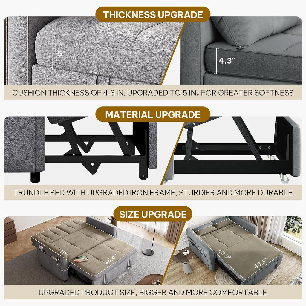 YITAHOME 55' Convertible Sofa Bed, 3-in-1 Sleeper Sofa with Pull-Out Bed, Cat-Scratch-Proof Futon Couch with 5-Levels Reclining Backrest, USB and Side Pocket, Modern Loveseat for Living Room, Grey