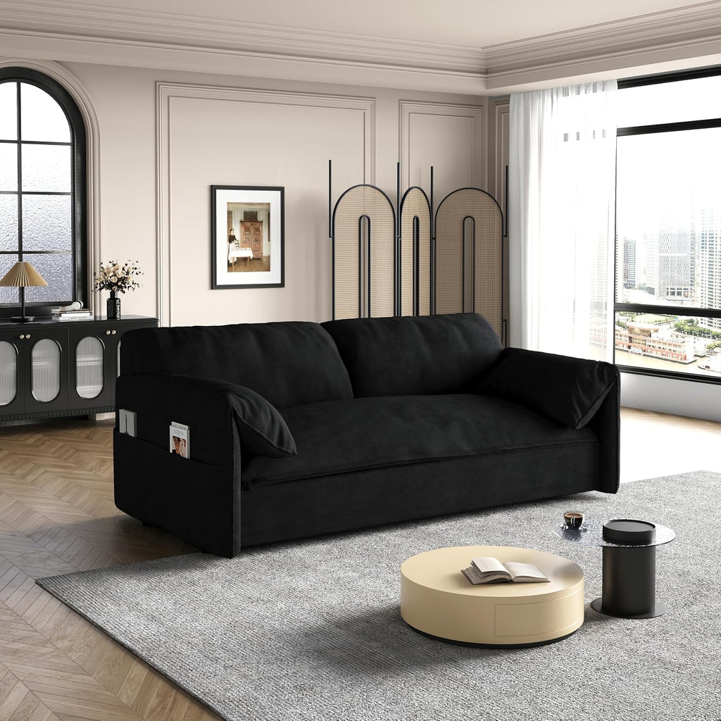 66' Sleeper Sofa Bed Queen Size, 3-in-1 Convertible Couch, Modern Pull Out Couches, Comfy Velvet Futon Sofa, Cloud Loveseat Lounge, Pillow Arm, for Small Spaces, Living Room, Apartment, Black
