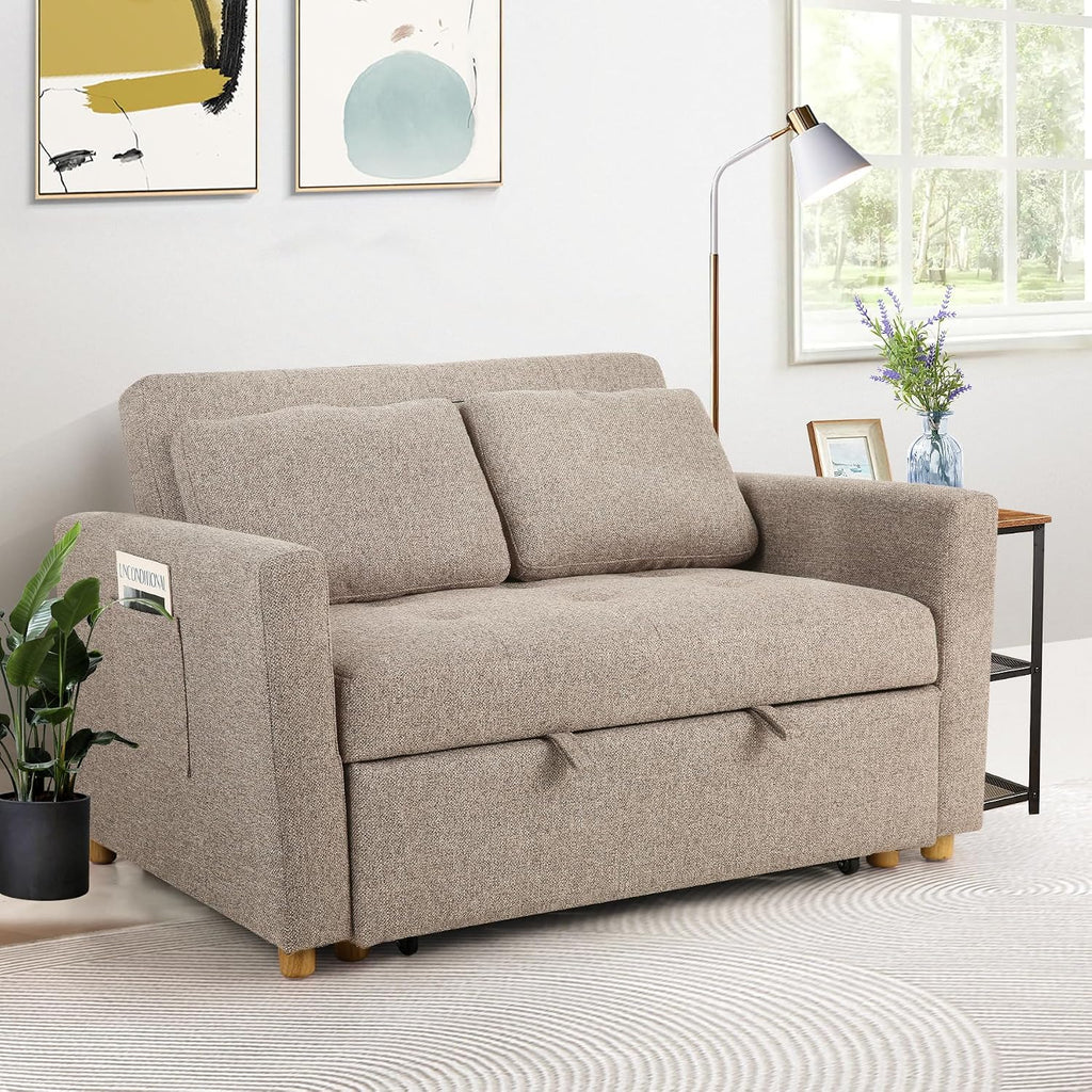 SEJOV 3-in-1 Convertible Sofa Bed, Linen Fabric Sleeper Couch Pull Out Bed, 49' 2-Seater Loveseat Futon Sofa with Spring Support, Adjustable Backrest and Pillows for Small Spaces, Living Room
