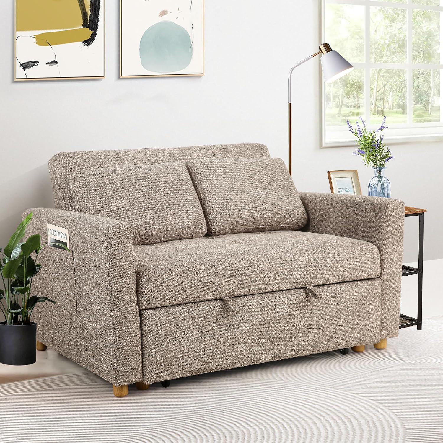 SEJOV 3-in-1 Convertible Sofa Bed, Linen Fabric Sleeper Couch Pull Out Bed, 49' 2-Seater Loveseat Futon Sofa with Spring Support, Adjustable Backrest and Pillows for Small Spaces, Living Room