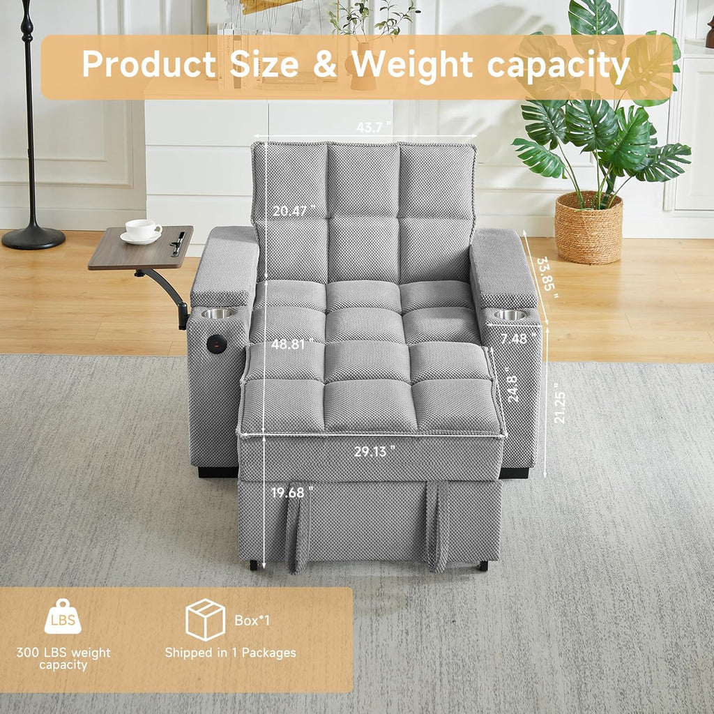 Large Size Convertible Sleeper Chair Futon Sofa Bed, Comfortable thick cushion Single Sleeper Sofa Handheld storage and Adjustable Backrest | Reading Chair with Rotating small table (light gray)