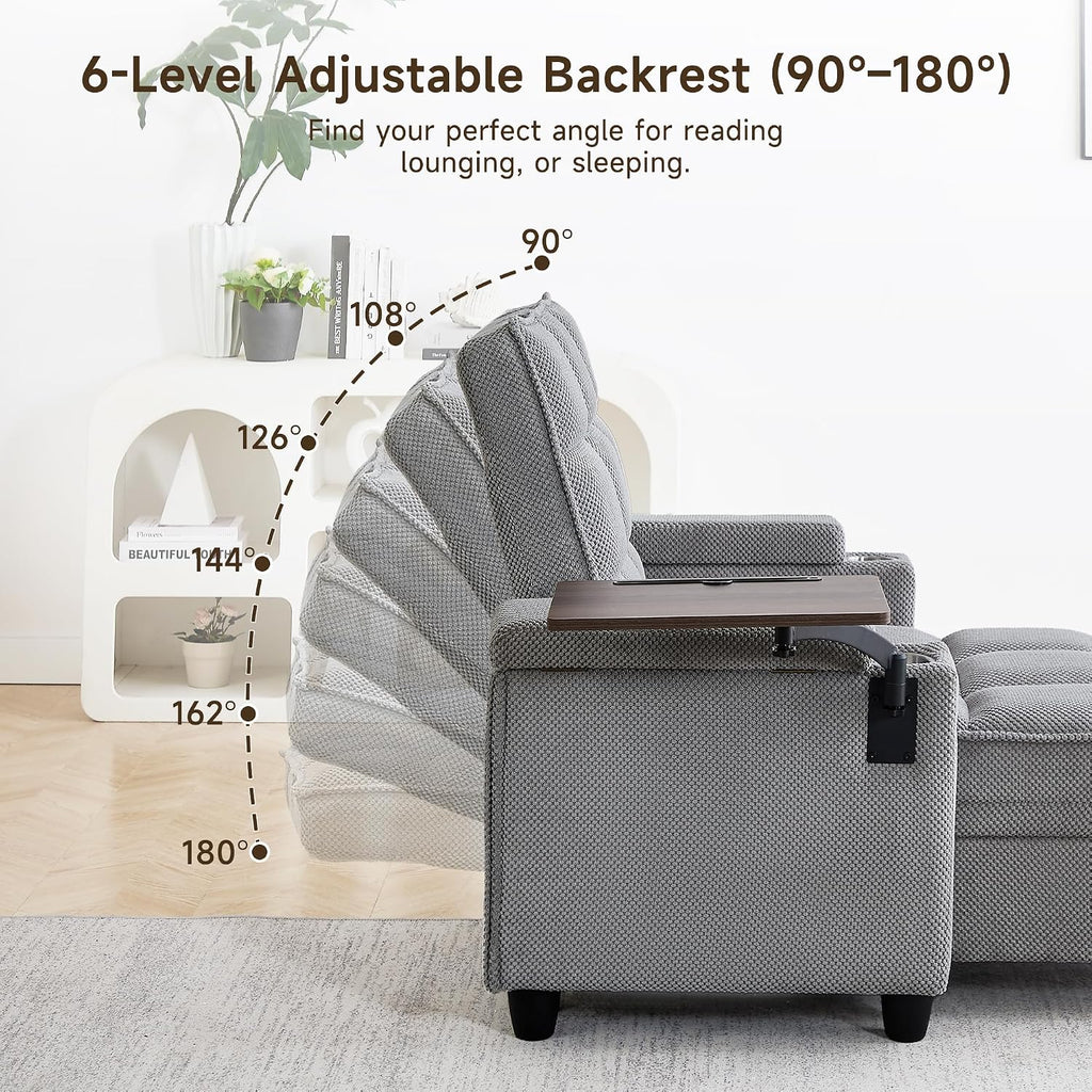 oaaktu Single Modern Comfy Upholstered Chaise Lounge Sofa Chair with Rotating Side Table,Storage,Pillow,USB Charging Ports and Adjustable Backrest Perfect for Living Room, Small Spaces (Light Gray)