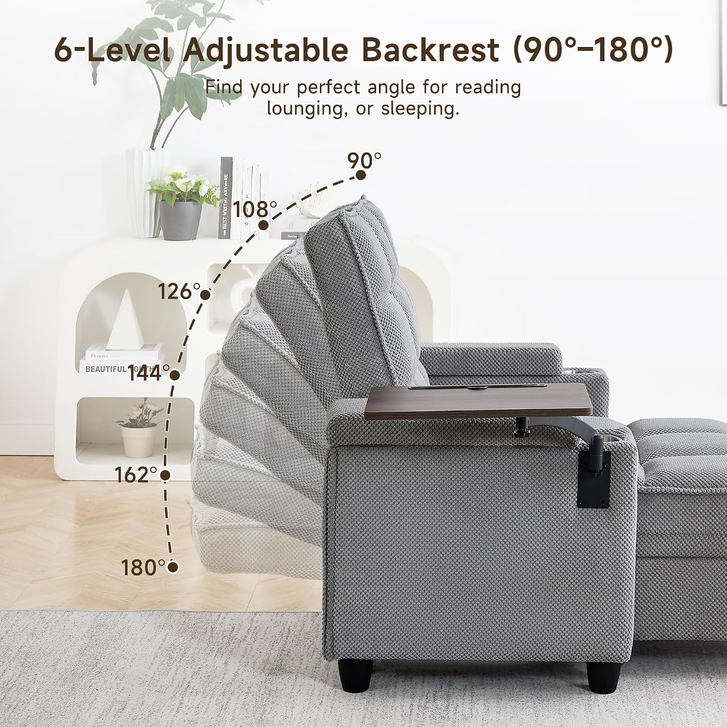 41.7' Chaise Lounge Chair Indoor, Oversized Boucle Upholstered Sofa Bed, Adjustable Backrest Deep Seat Reading Chair, Sofas Couches for Living Room with Storage, Cup Holders & 360° Swivel Side Table