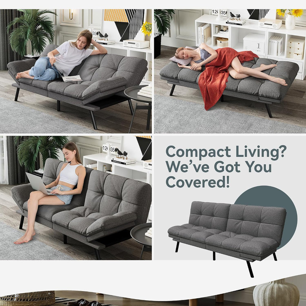 Futon Sofa Bed Convertible Couch, Grey Linen Sofa Bed with Memory Foam, Adjustable Backrest & Armrests, Multifunctional Small Loveseat Sleeper Sofa for Living Room, Apartment, Office