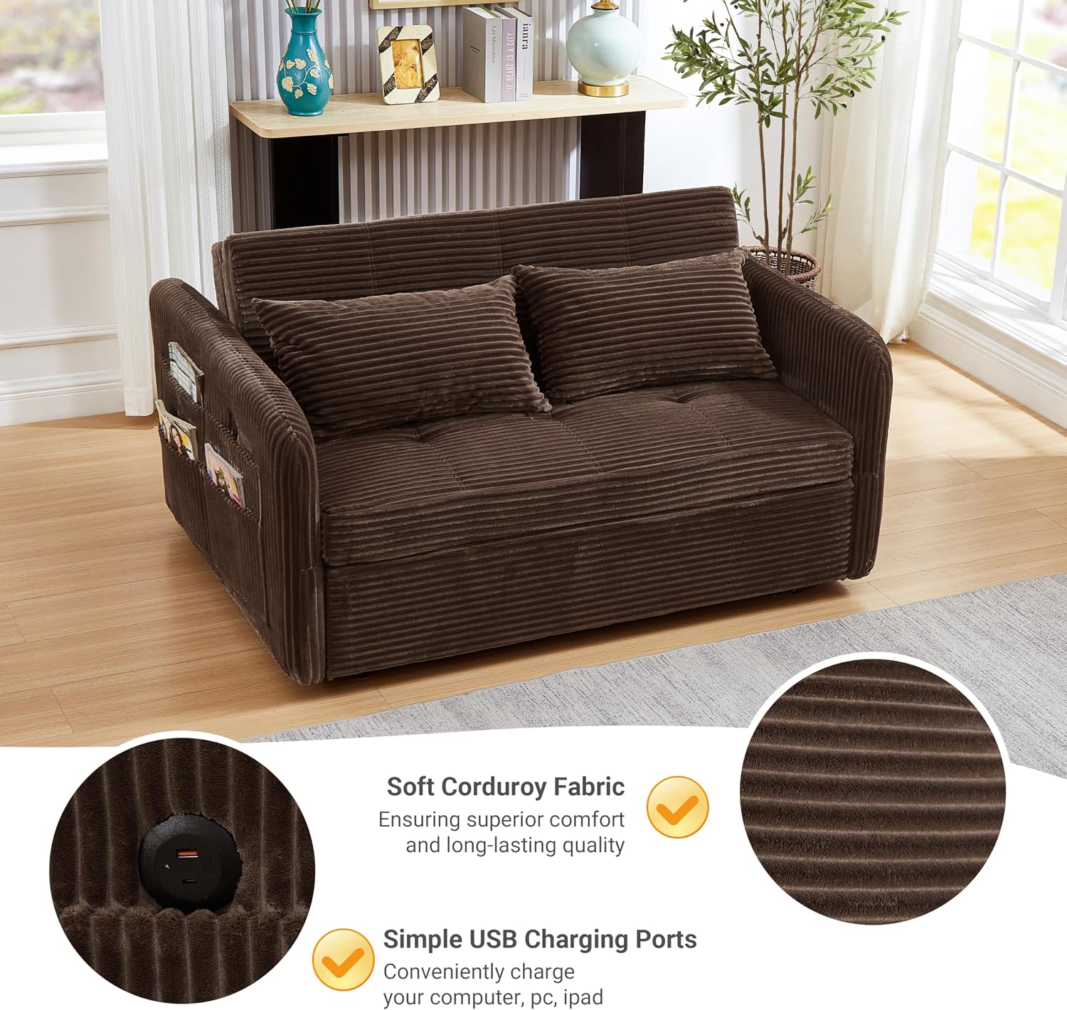 55.5' Corduroy Convertible Sofa Bed, Pull Out Sleeper Sofa Bed, Loveseat Couch with USB Charging Ports, 3 in 1 Convertible Sleeper Sofa Bed for Living Room, Apartment, Bedroom, RV, Beige