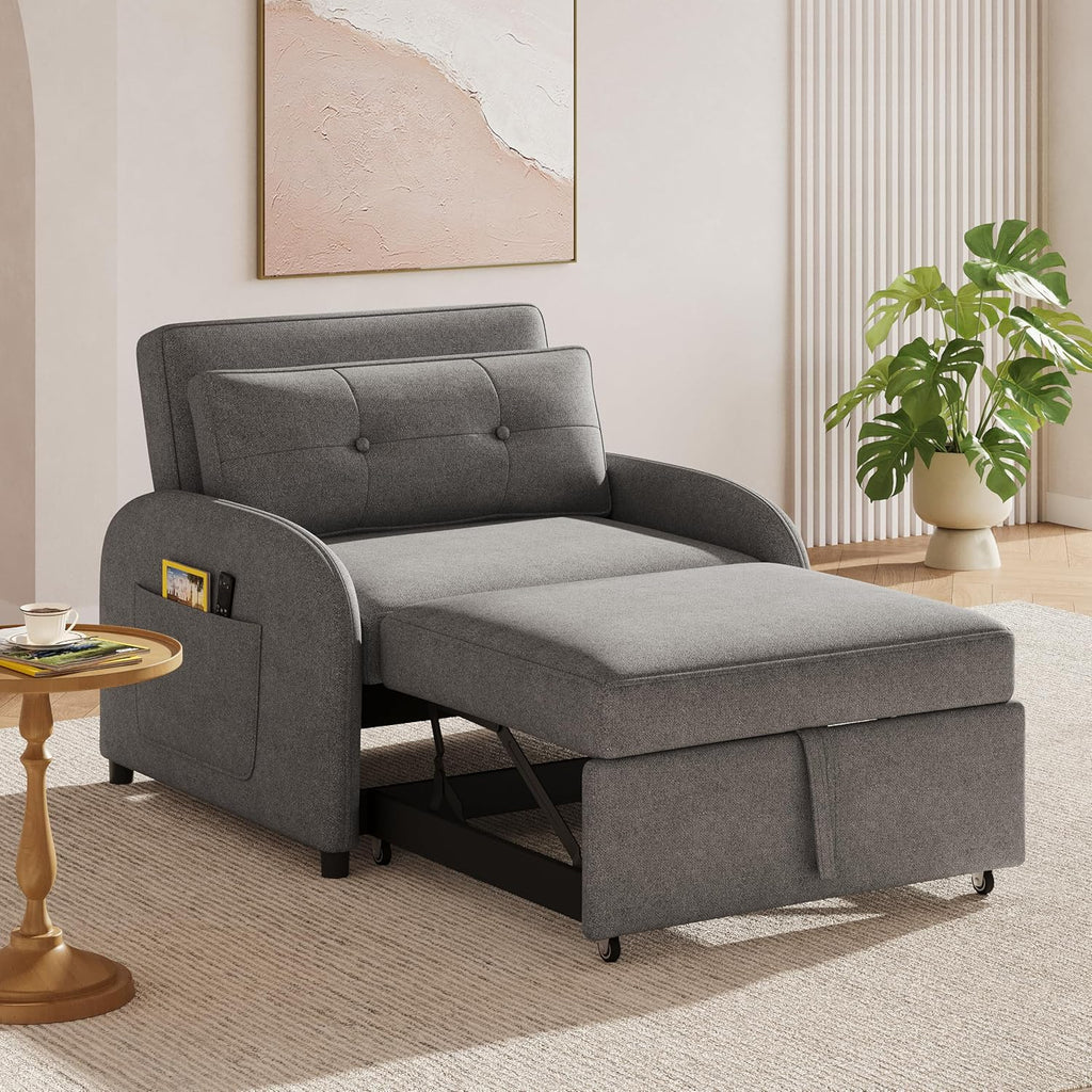 Merax 3-in-1 Convertible Sleeper Sofa Bed, Loveseat to Bed with Pullout Design, Soft Cotton Linen Fabric, Includes Pillow & Side Pockets for Small Spaces, Apartment, Living Room, Grey